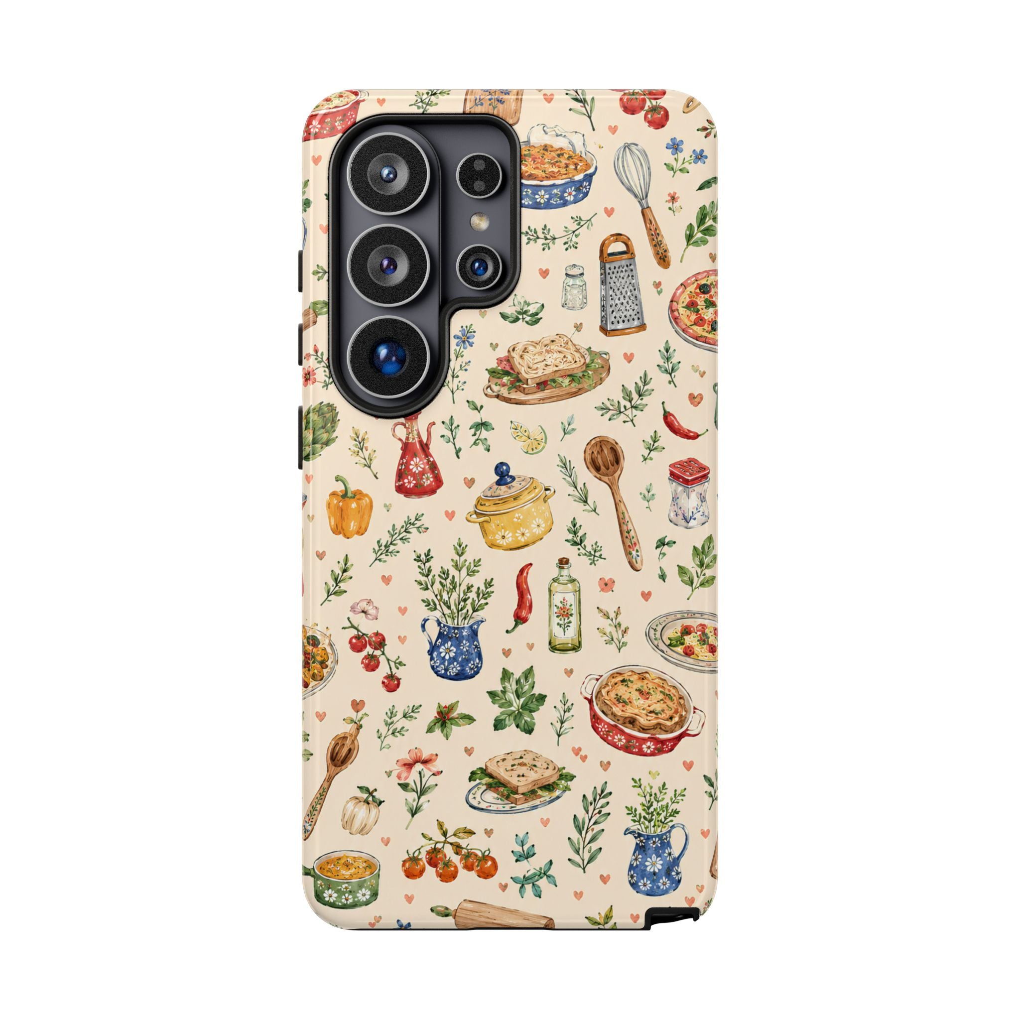 Kitchen Pattern Samsung Galaxy Phone Case | Cute Watercolor Cooking & Herbs Protective Cover