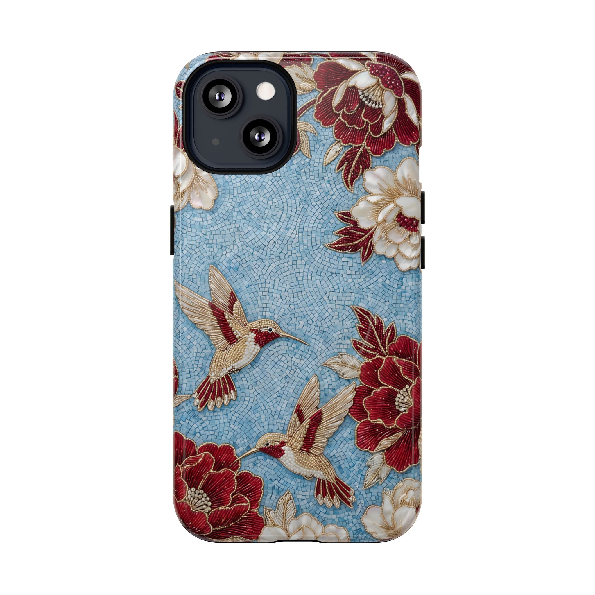 Floral Hummingbird Tough MagSafe iPhone Case | Vintage Blue & Burgundy Botanical Design
