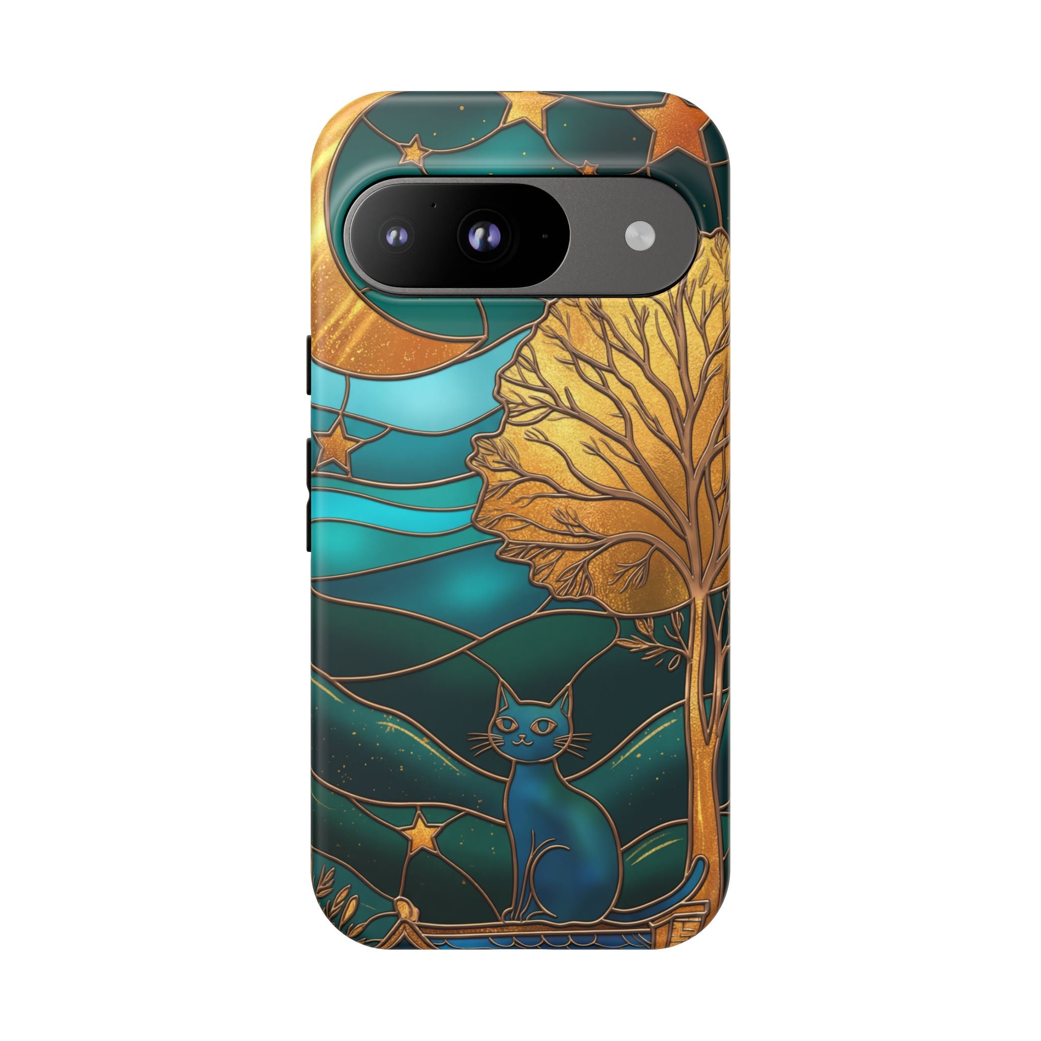 Stained Glass Night Cat Google Pixel Case | Teal & Gold Art Deco Protection