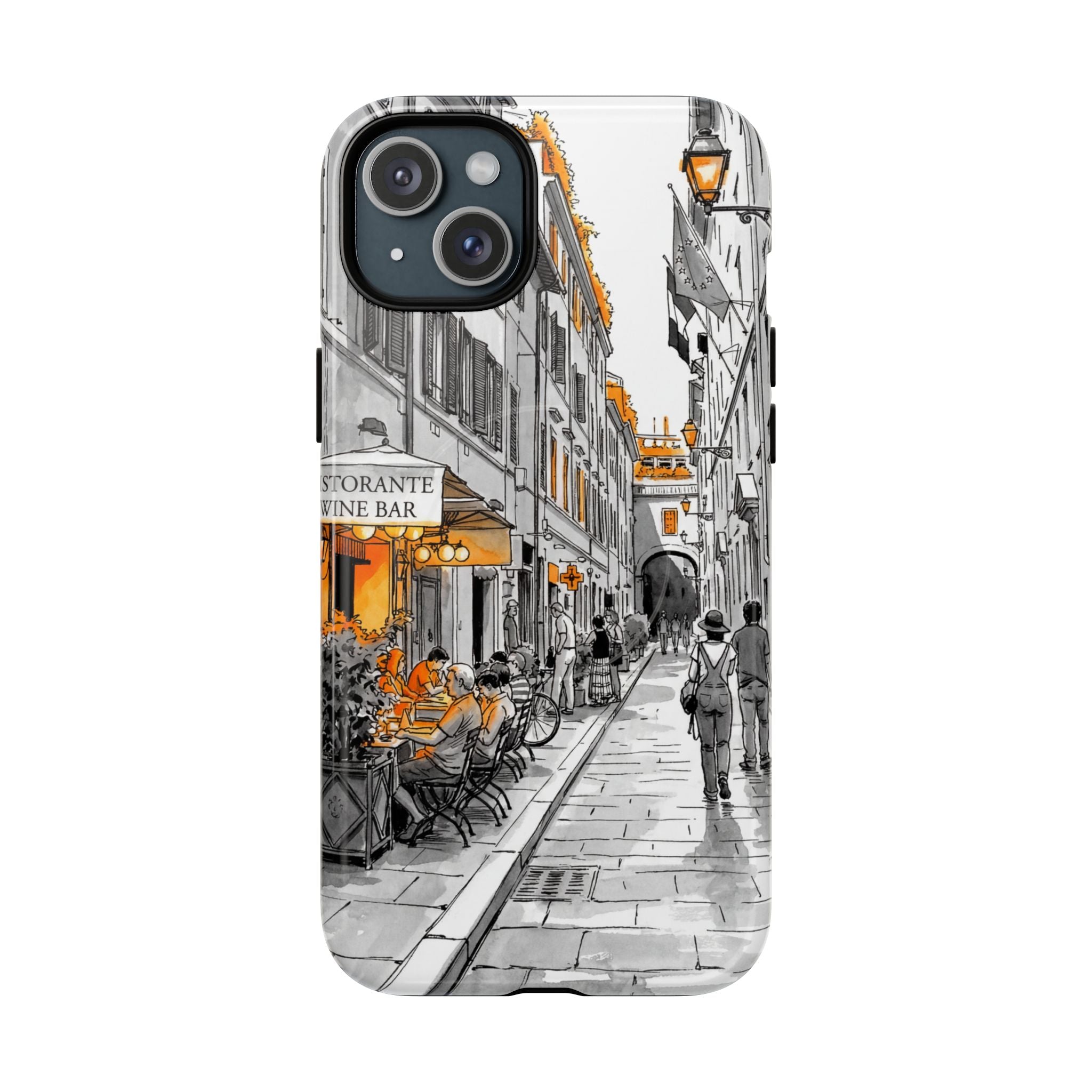 Custodia per iPhone con scena di strada in Italia | Custodia MagSafe resistente con dettagli arancioni