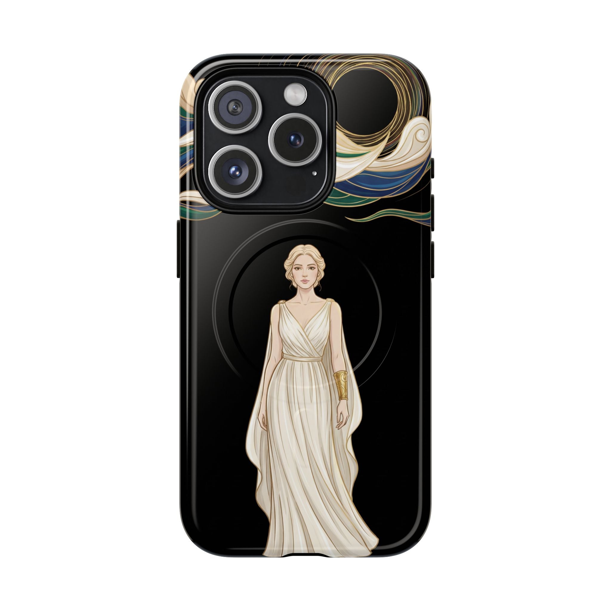 Art Nouveau Goddess MagSafe iPhone Case | Elegant Woman Illustration on Black