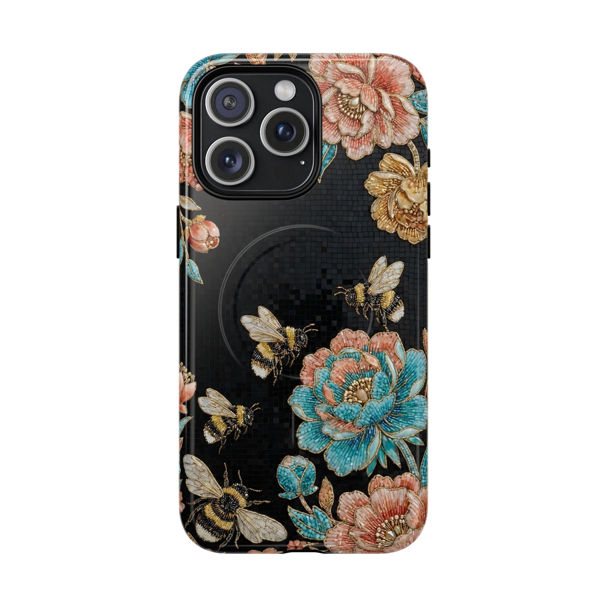 Floral Bees Tough MagSafe iPhone Case | Vintage Rose & Bumblebee Protective Cover