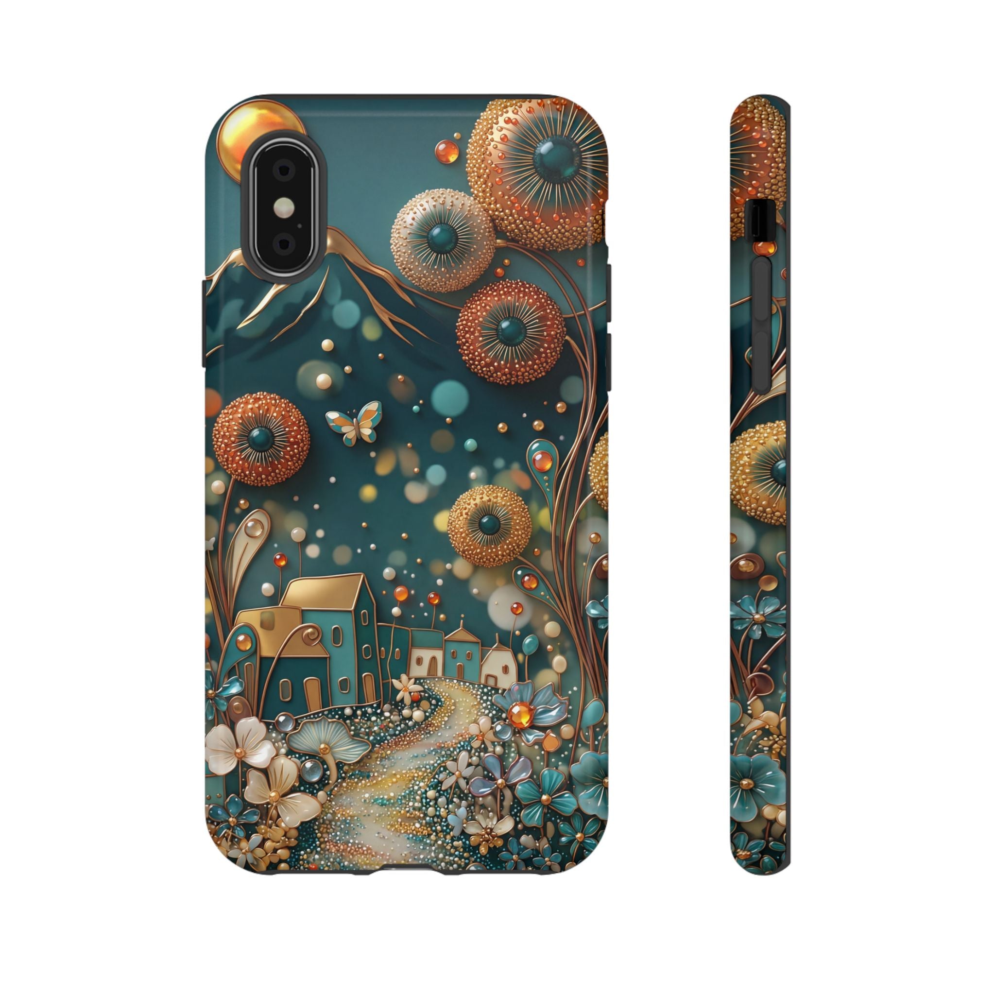 Whimsical Night Village iPhone Case | Floral Moonlit Art Tough Case