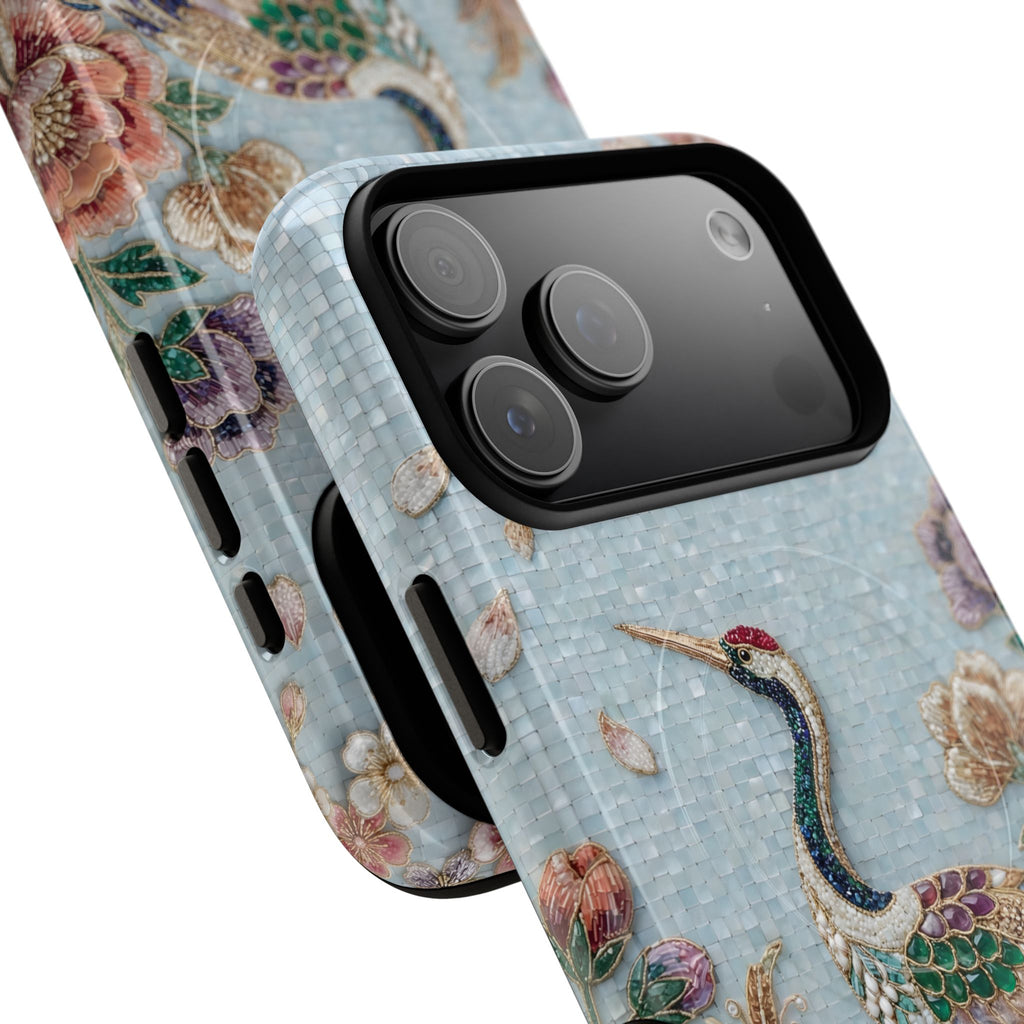 Custodia per iPhone Floral Crane MagSafe Robusta | Protezione Vintage con Uccello Ricamato