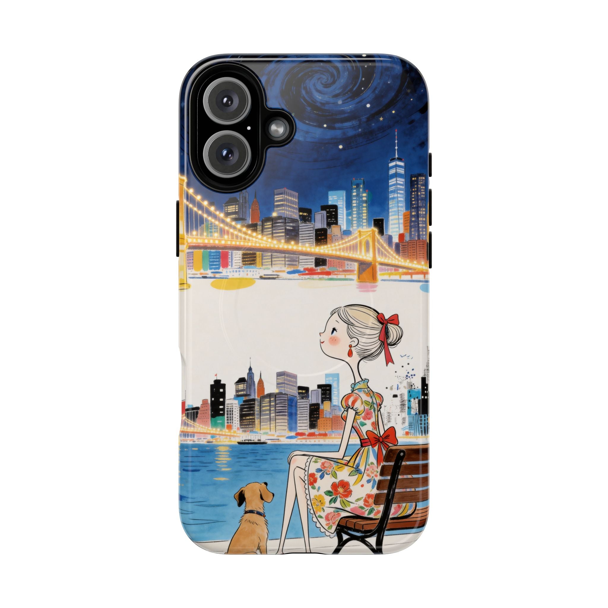 City Night MagSafe iPhone Case | Cute Girl & Dog Bench Illustration