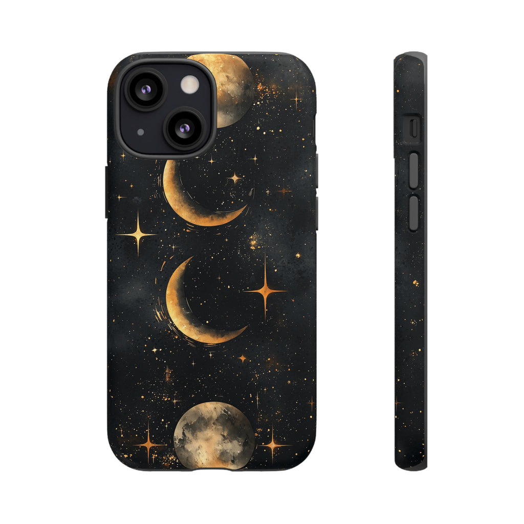 Celestial Moon Phases Tough iPhone Case | Gold Crescent & Full Moon Galaxy Design
