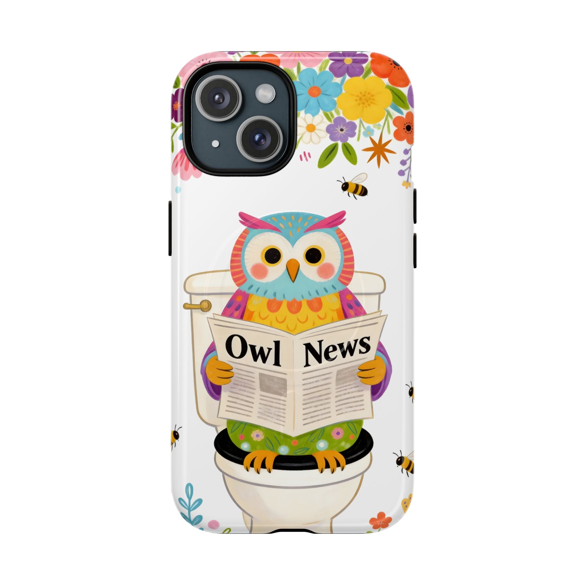 Owl News Floral MagSafe iPhone Case | Cute Owl Reading Newspaper on Toilet
