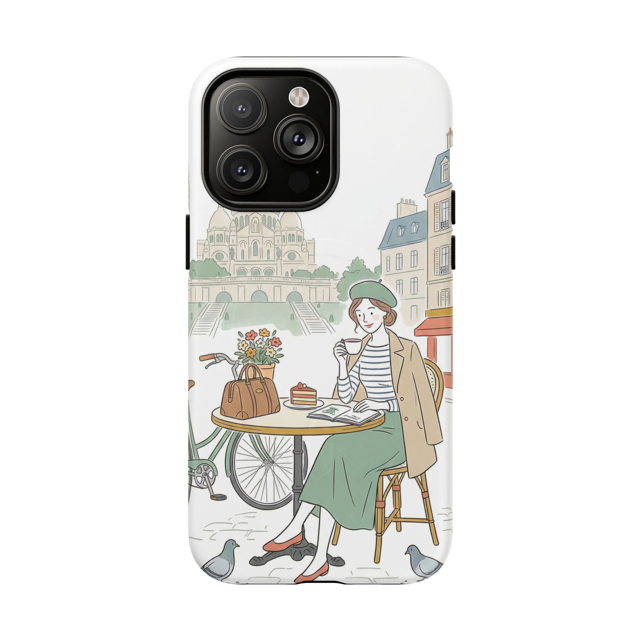 Paris Cafe Illustration MagSafe iPhone Case | Vintage Bicycles & Pigeons Protective Cover