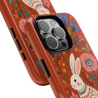 Floral Rabbit Tough iPhone Case | Protective Phone Case with Folk Art Bunny Design