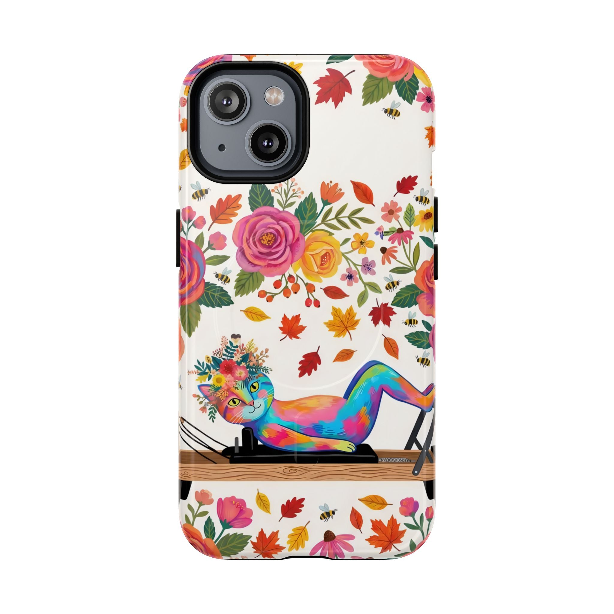 Autumn Floral Pilates MagSafe iPhone Case | Colorful Rainbow Pilates Cat on Falling Leaves