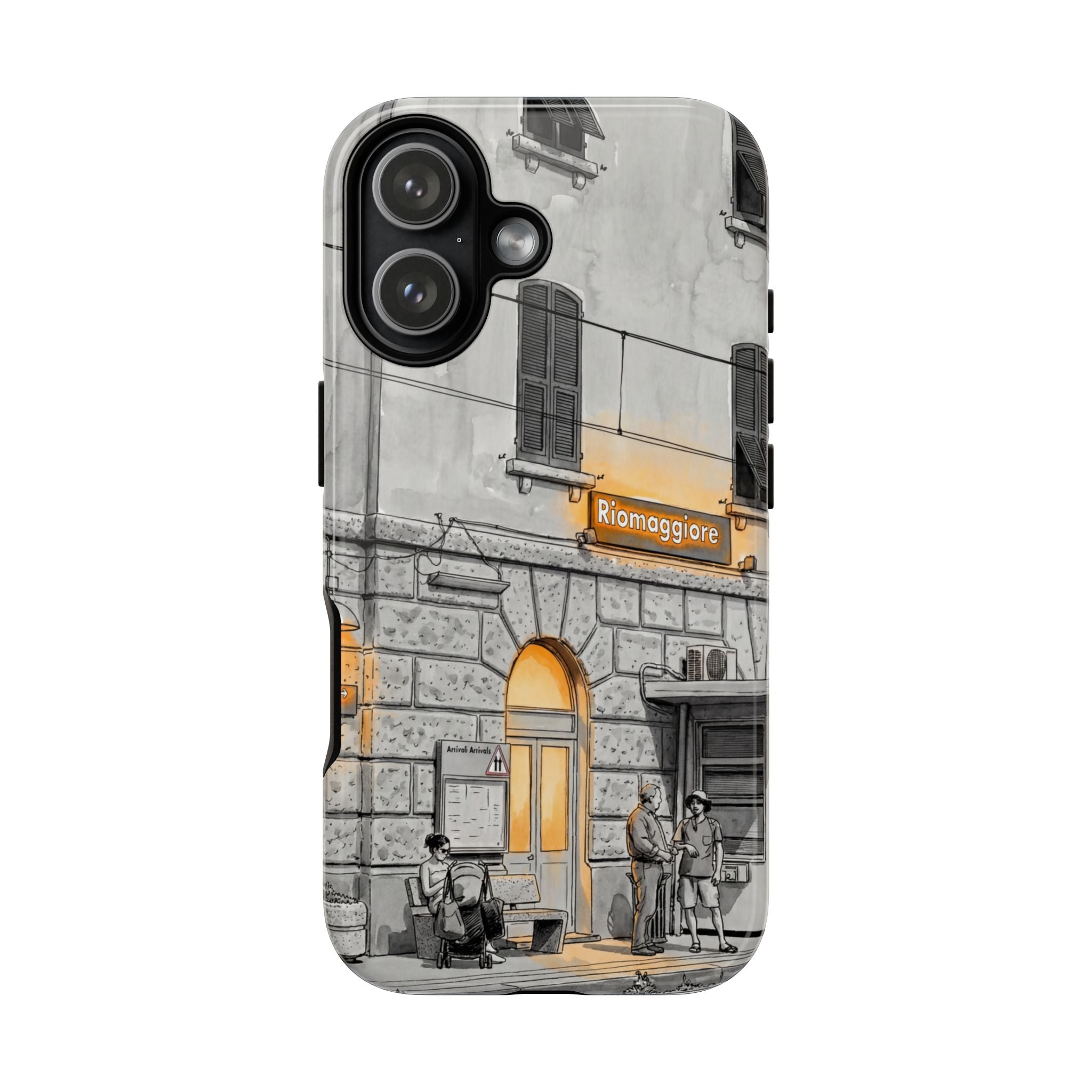 Cinque Terre Train Station iPhone Case | Black & White Sketch with Warm Yellow Accents