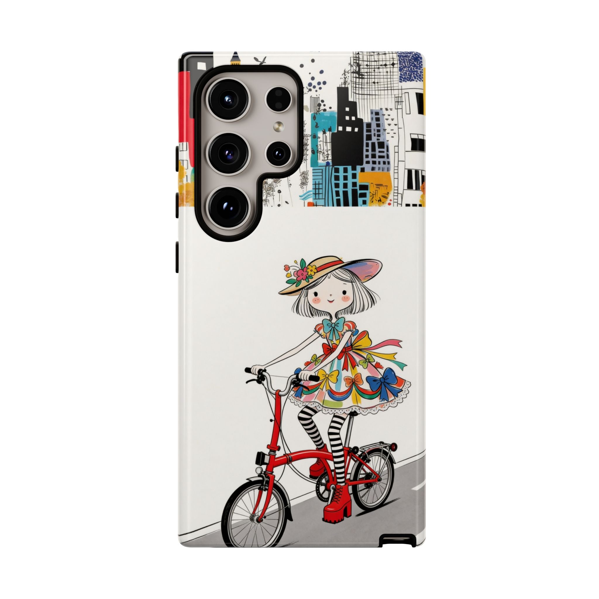 Whimsical Girl on Brompton Bicycle Urban Illustration Samsung Galaxy Phone Case