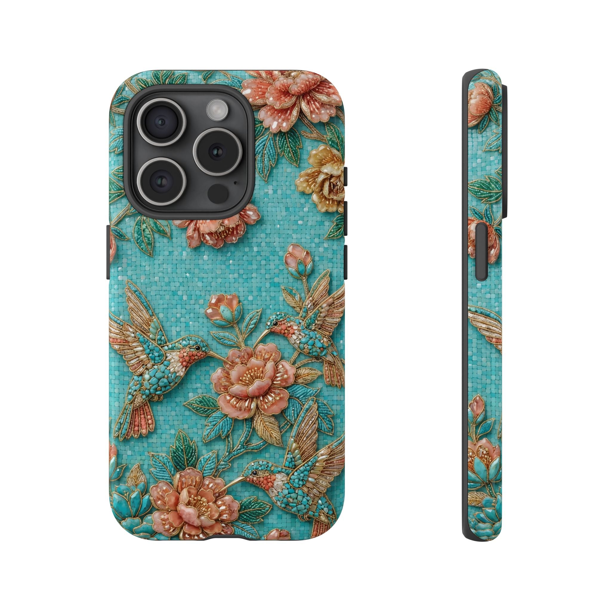 Floral Hummingbird Tough iPhone Case | Turquoise Embroidered Garden Design
