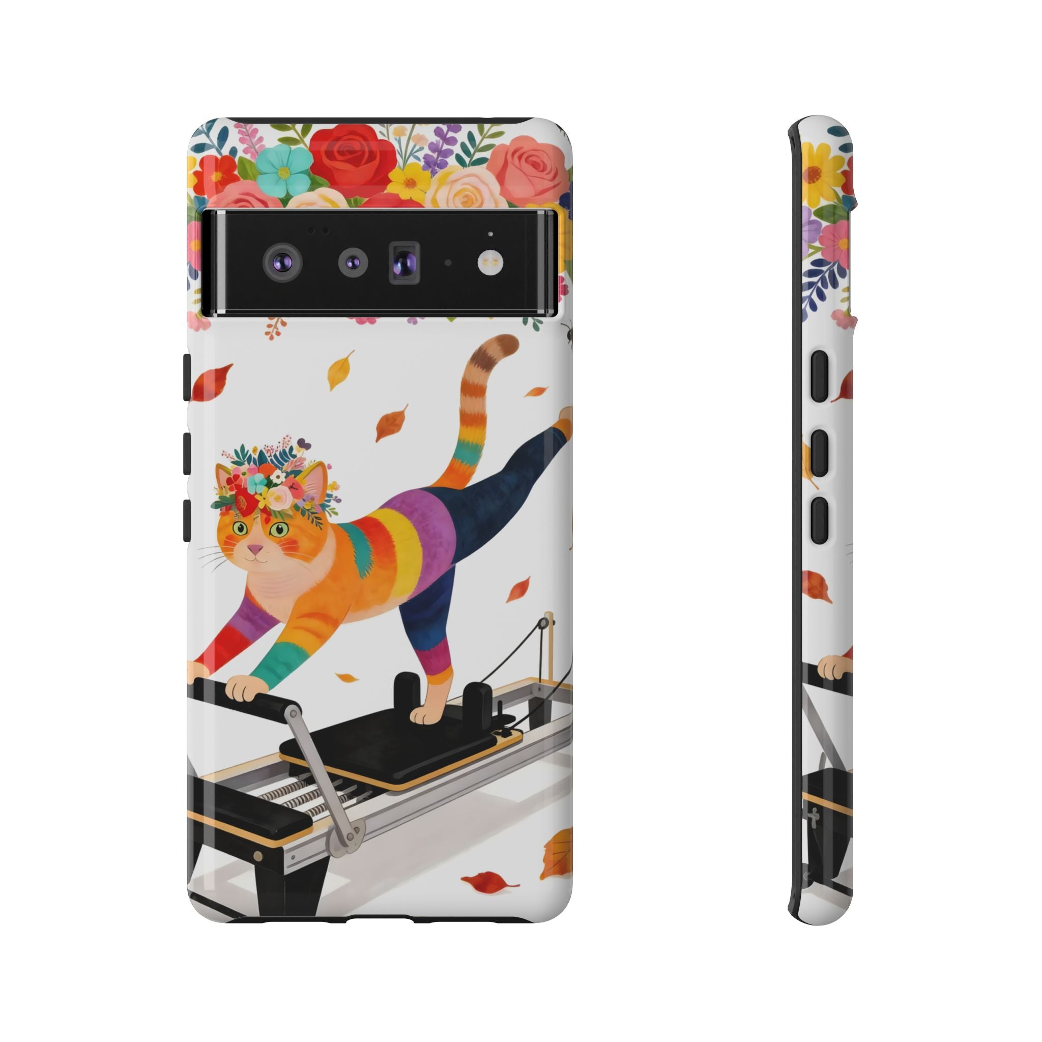 Cat Pilates Google Pixel Phone Case | Floral Rainbow Cat on Reformer