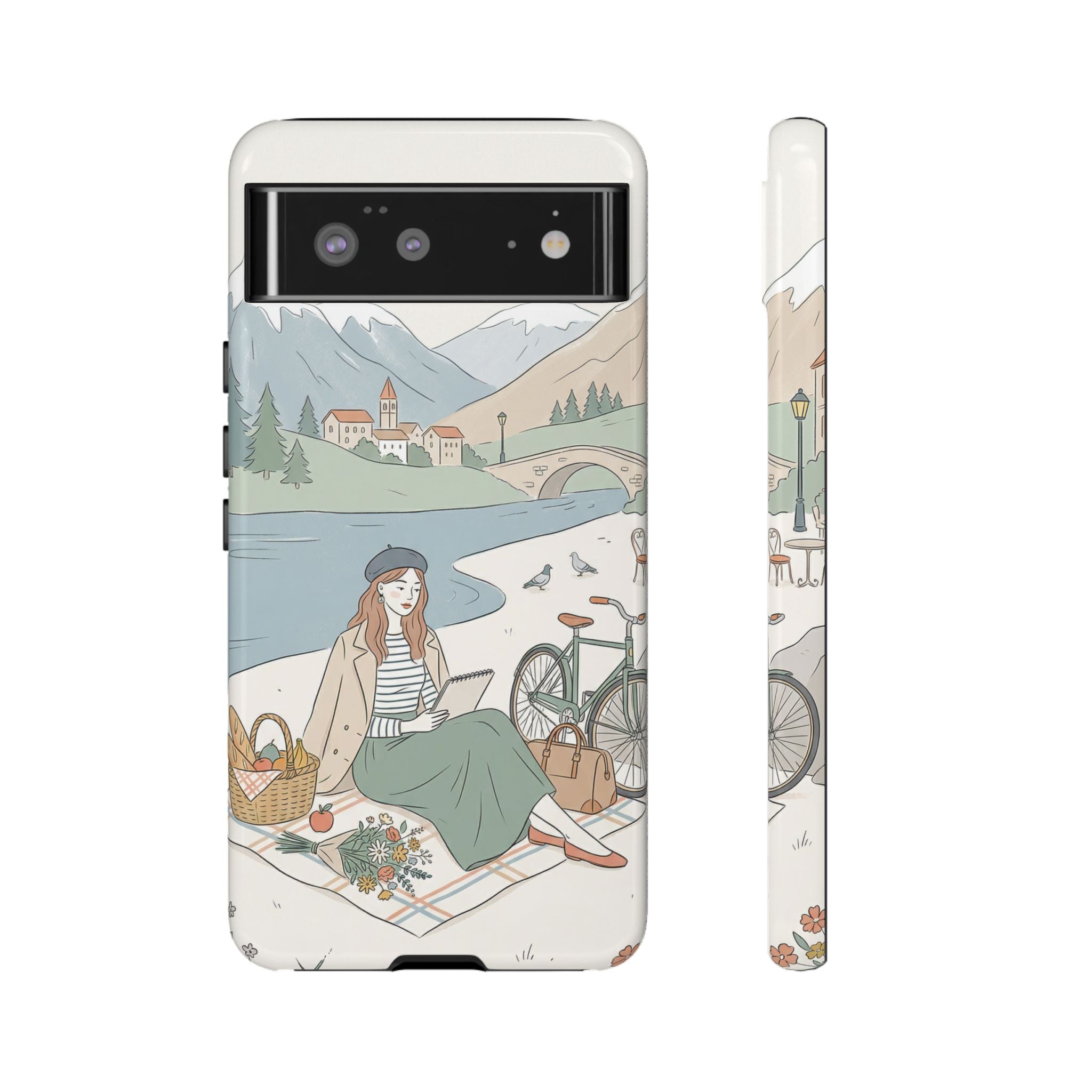 Scenic Picnic Google Pixel Phone Case | Vintage Bicycle & Mountain Illustration