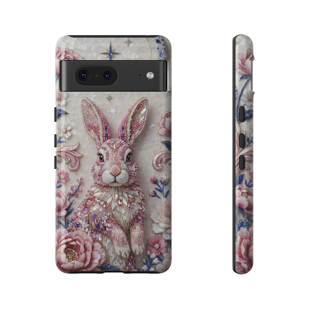 Floral Moon Rabbit Tough Google Pixel Phone Case | Pink Boho Bunny Protective Cover