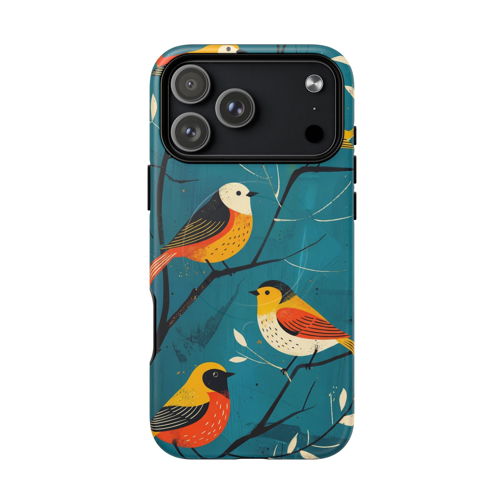 Bird Pattern Tough MagSafe iPhone Case | Colourful Songbirds on Teal Background