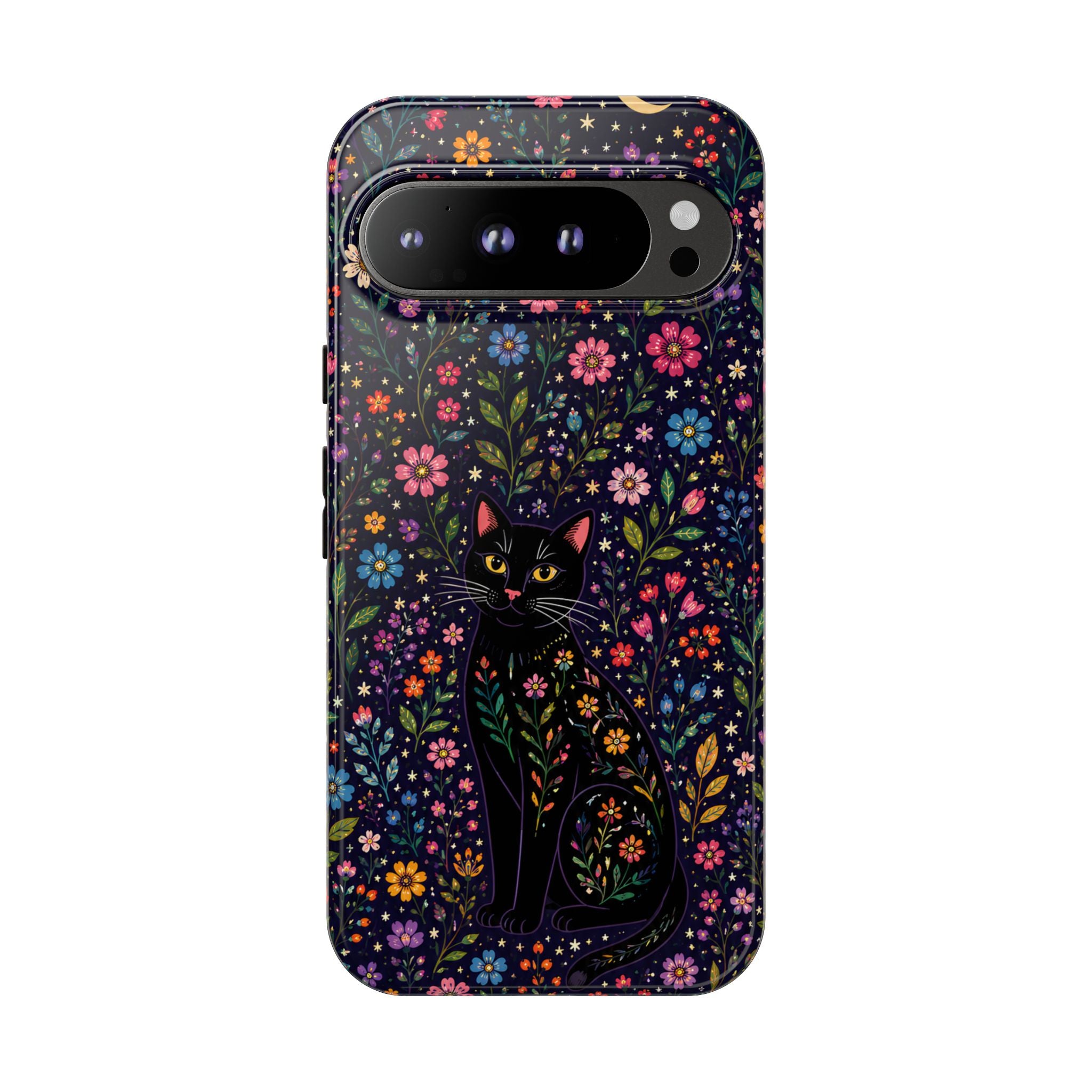 Celestial Black Cat Google Pixel Phone Case | Whimsigoth Floral