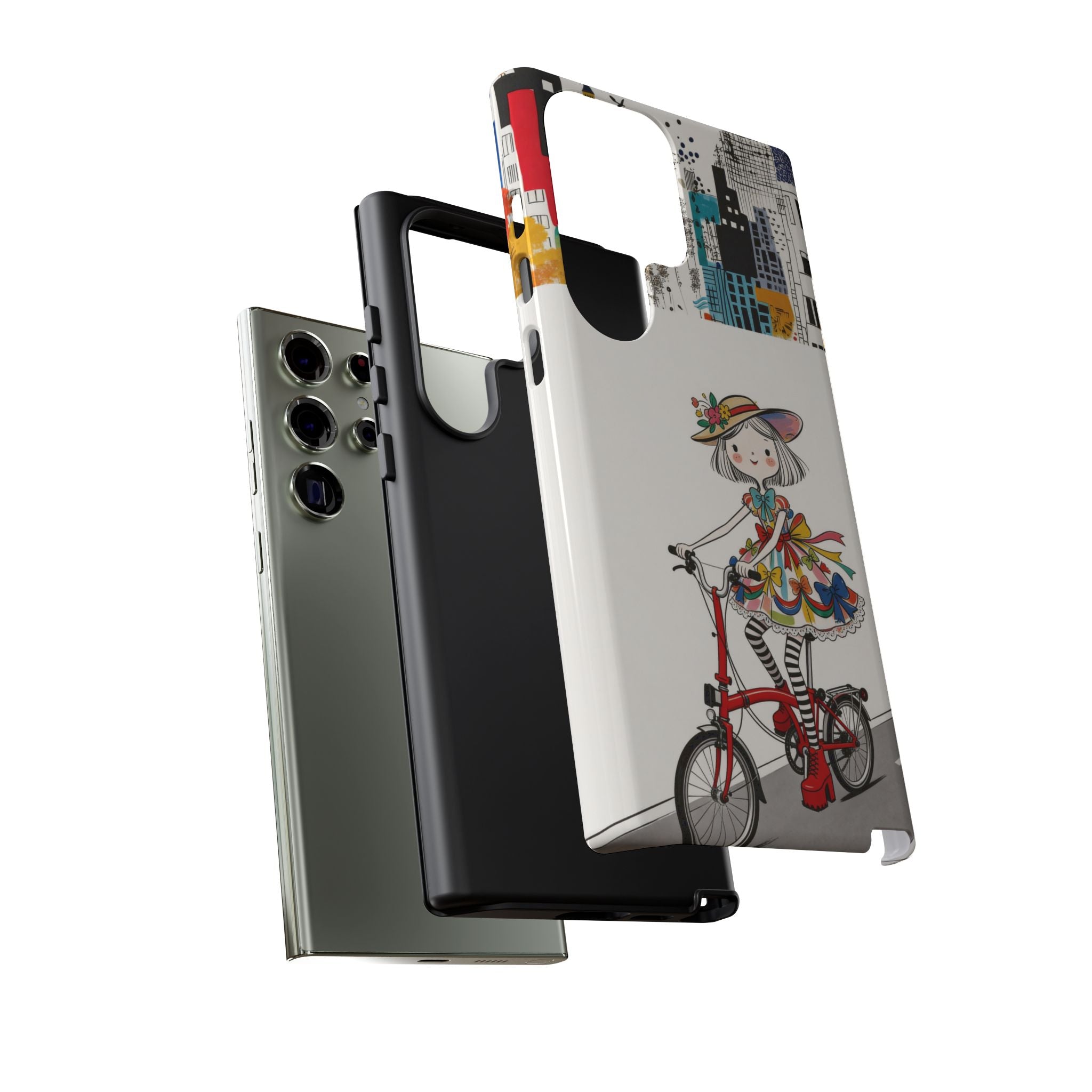 Whimsical Girl on Brompton Bicycle Urban Illustration Samsung Galaxy Phone Case