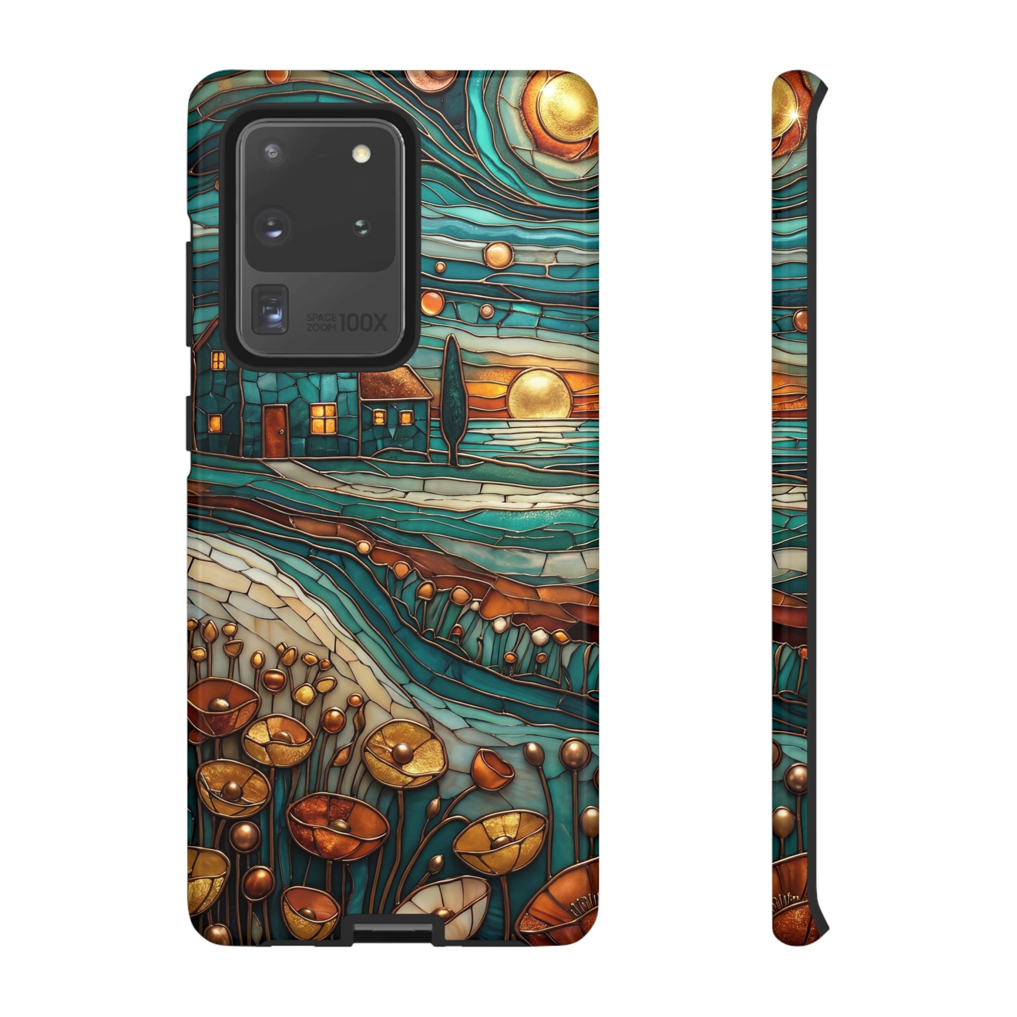 Artistic Sunset Cottage Samsung Galaxy Case | Whimsical Floral Landscape Protective Cover
