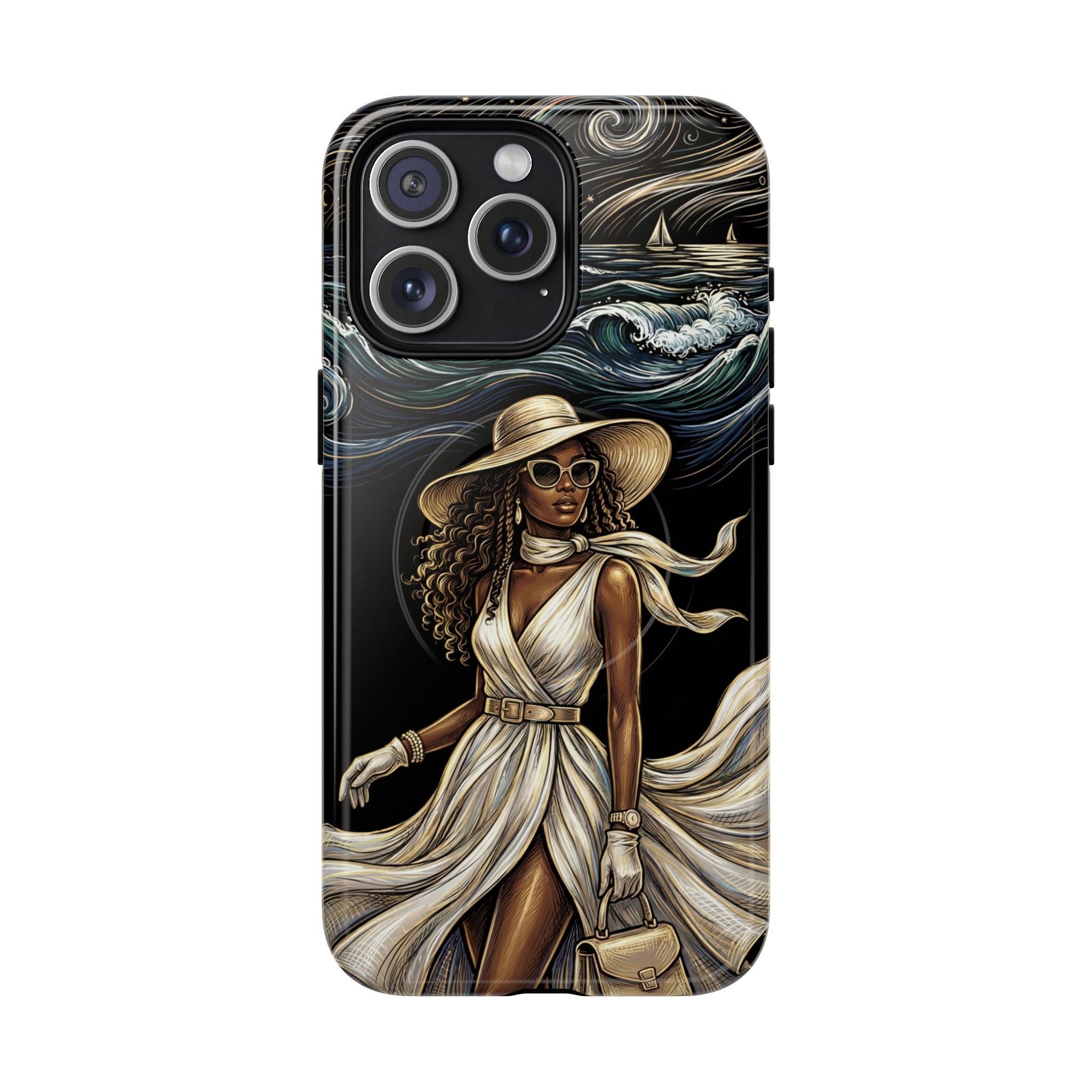 MagSafe iPhone Case | Elegant Black Woman in Flowing Dress by the Sea