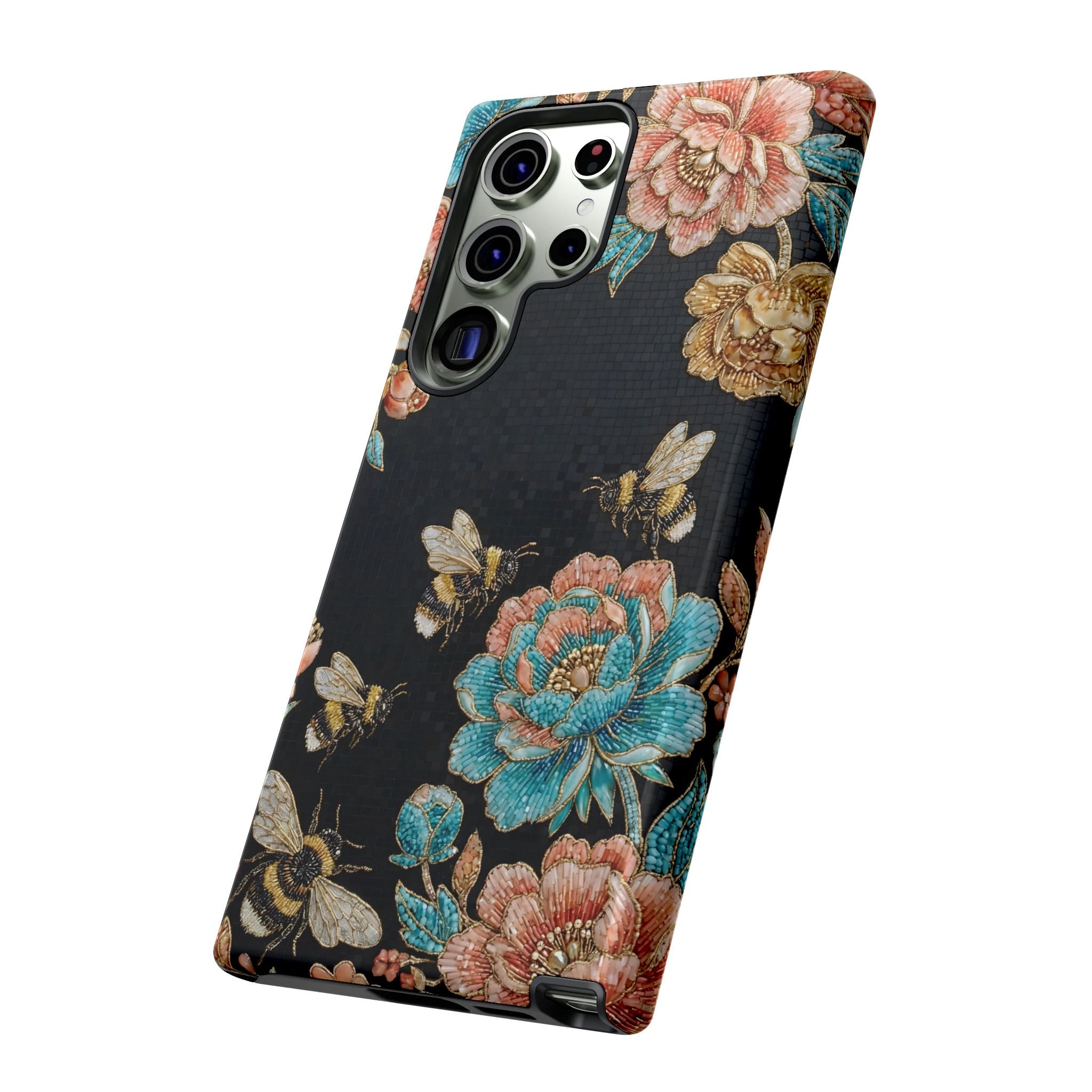 Floral Bees Tough Samsung Galaxy Phone Case | Vintage Rose & Bumblebee Protective Cover