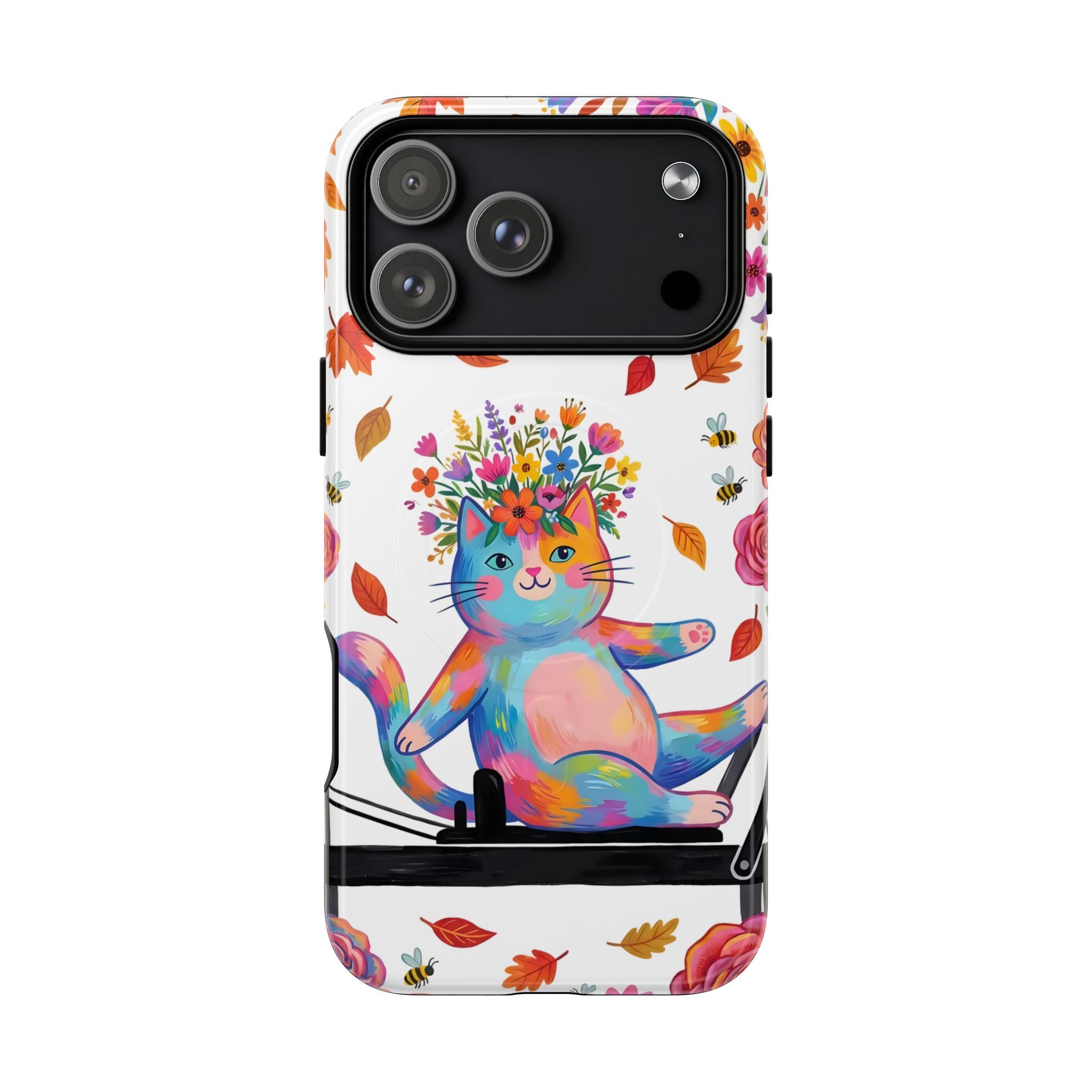 Colorful Floral Cat on Pilates Reformer Protective MagSafe iPhone Case
