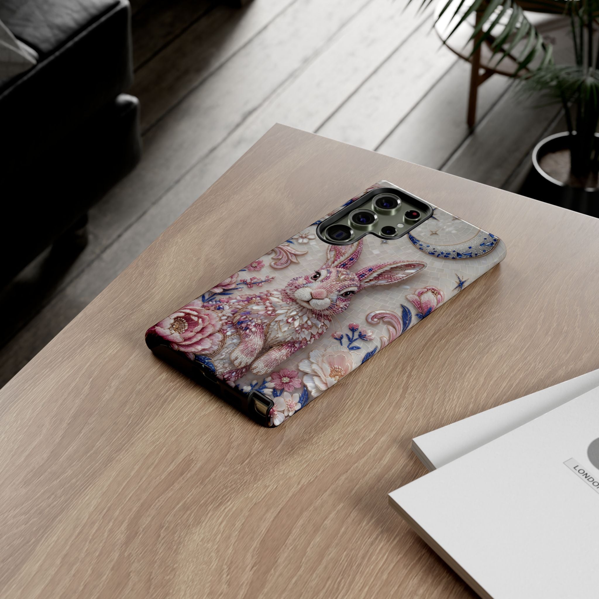 Floral Moon Rabbit Tough Samsung Galaxy Phone Case | Pink Boho Bunny Protective Cover