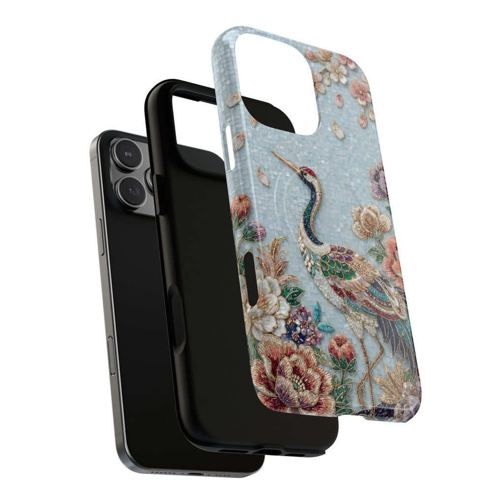 Custodia per iPhone Floral Crane MagSafe Robusta | Protezione Vintage con Uccello Ricamato