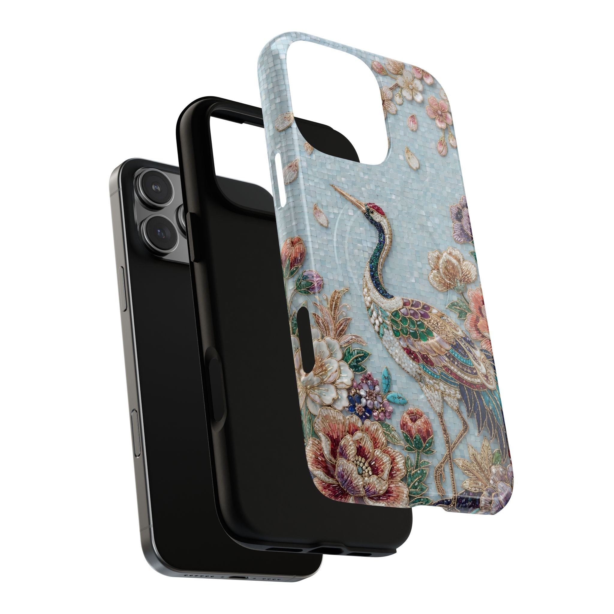 Floral Crane Tough MagSafe iPhone Case | Vintage Embroidered Bird Protection