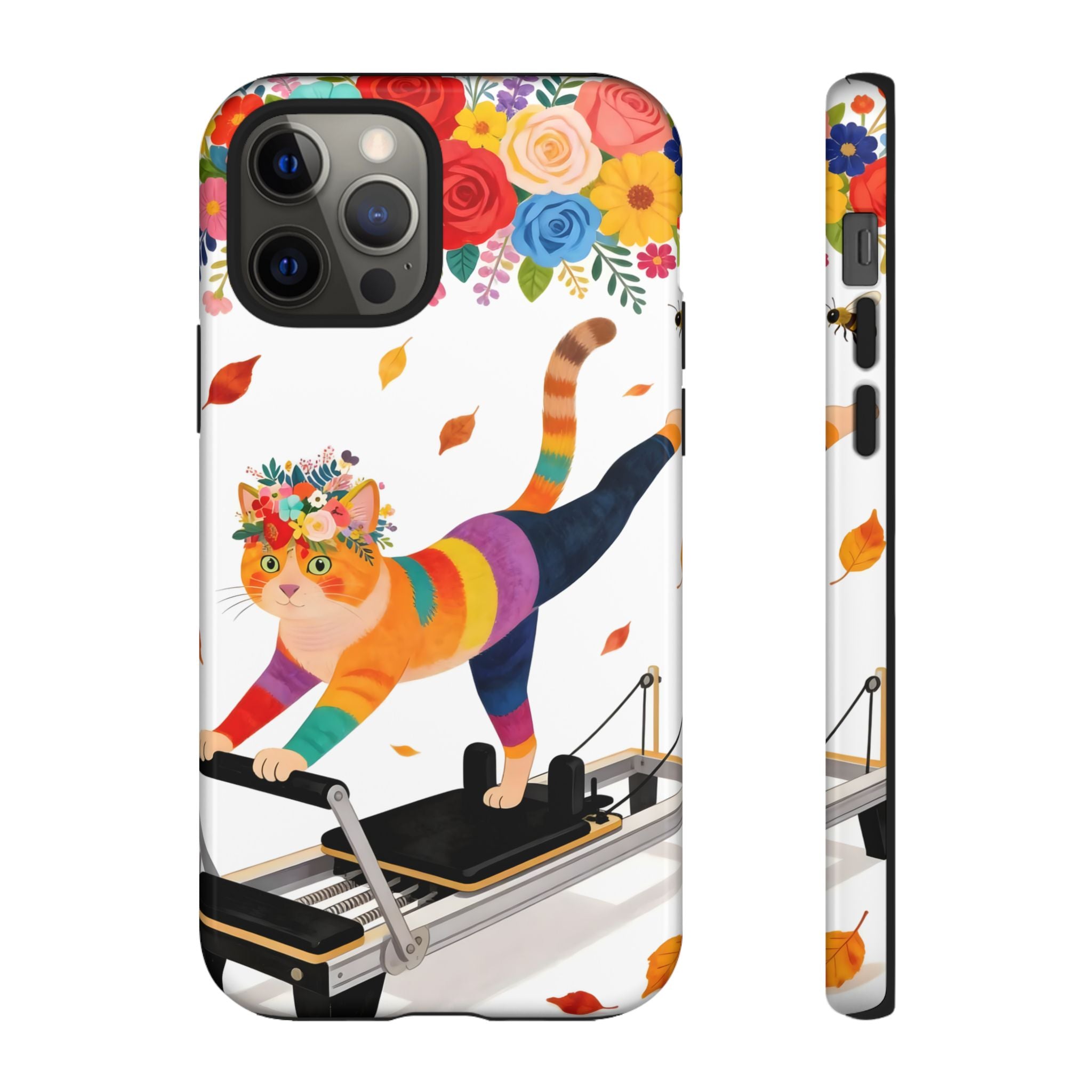 Cat Pilates iPhone Case | Floral Rainbow Cat on Reformer