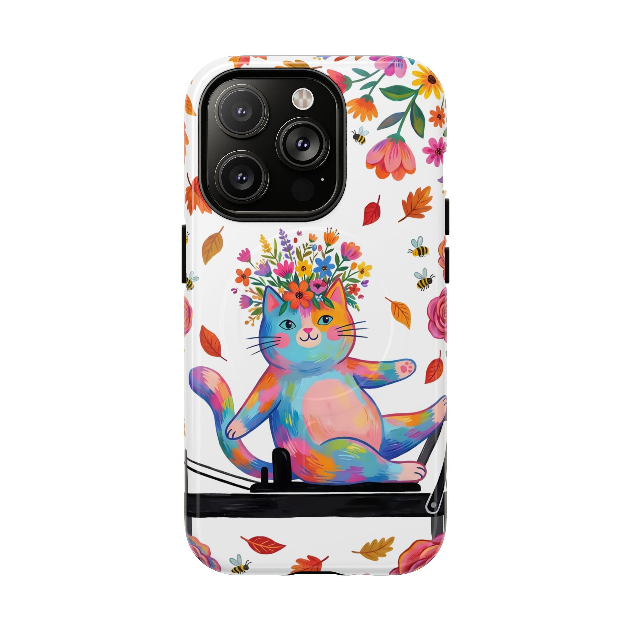 Colorful Floral Cat on Pilates Reformer Protective MagSafe iPhone Case