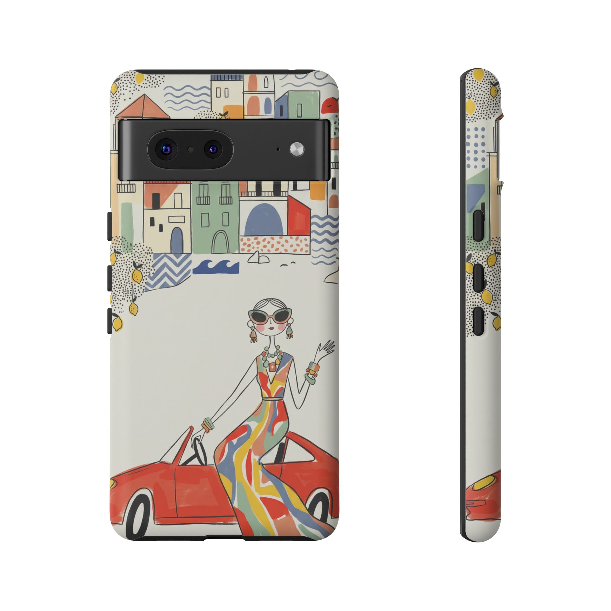 Stylish Riviera Google Pixel Phone Case | Chic Retro Woman in Convertible Design