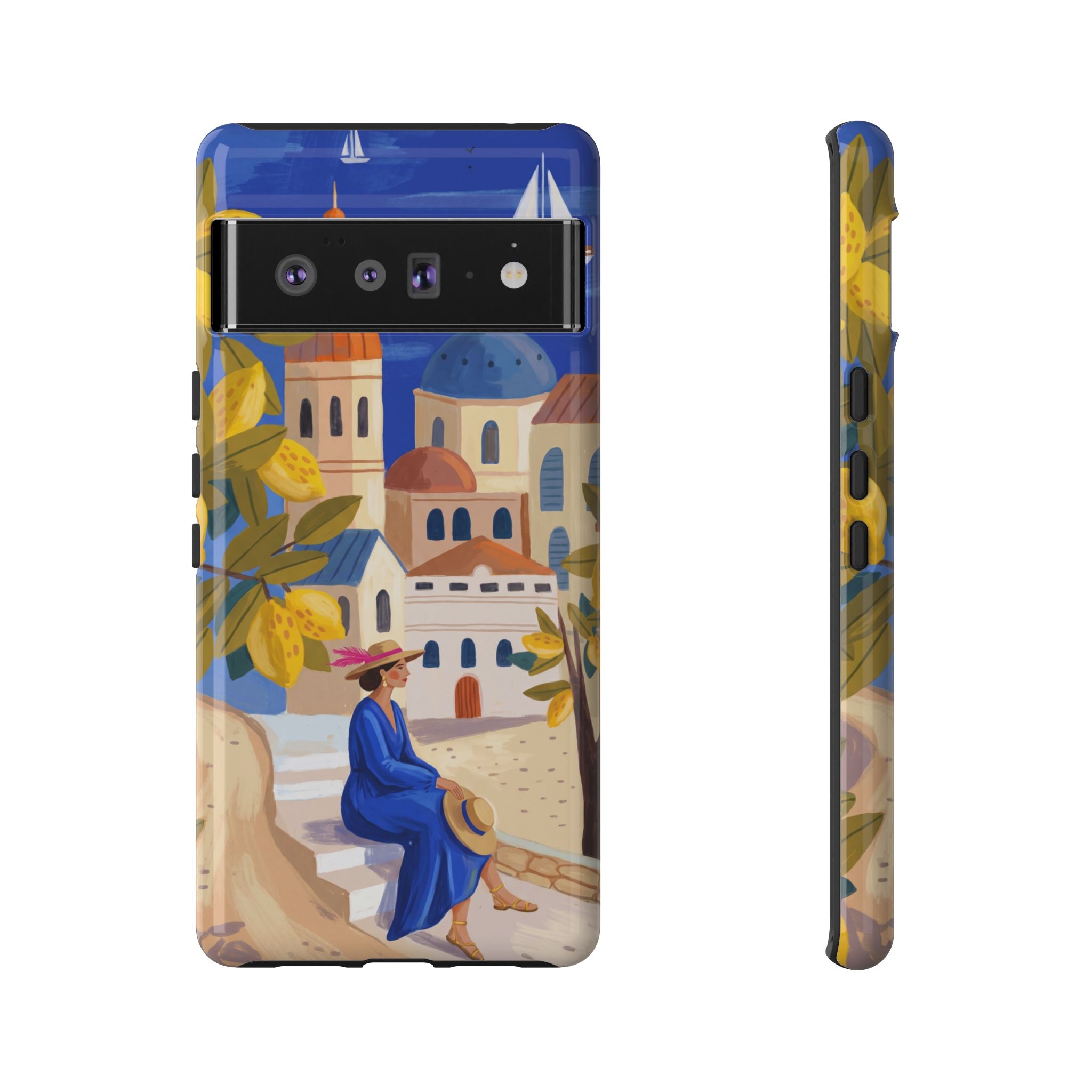 Mediterranean Village Google Pixel Phone Case | Scenic Sailboat & Lemon Grove Design