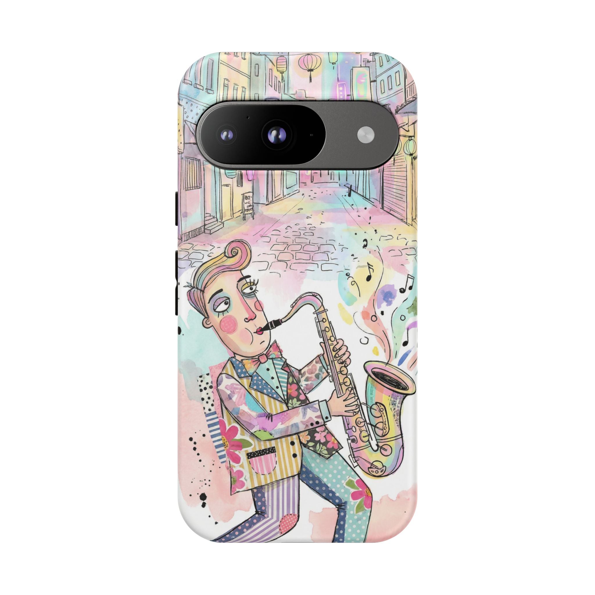 Sax Player Art Google Pixel Phone Case | Pastel Jazz Street Illustration