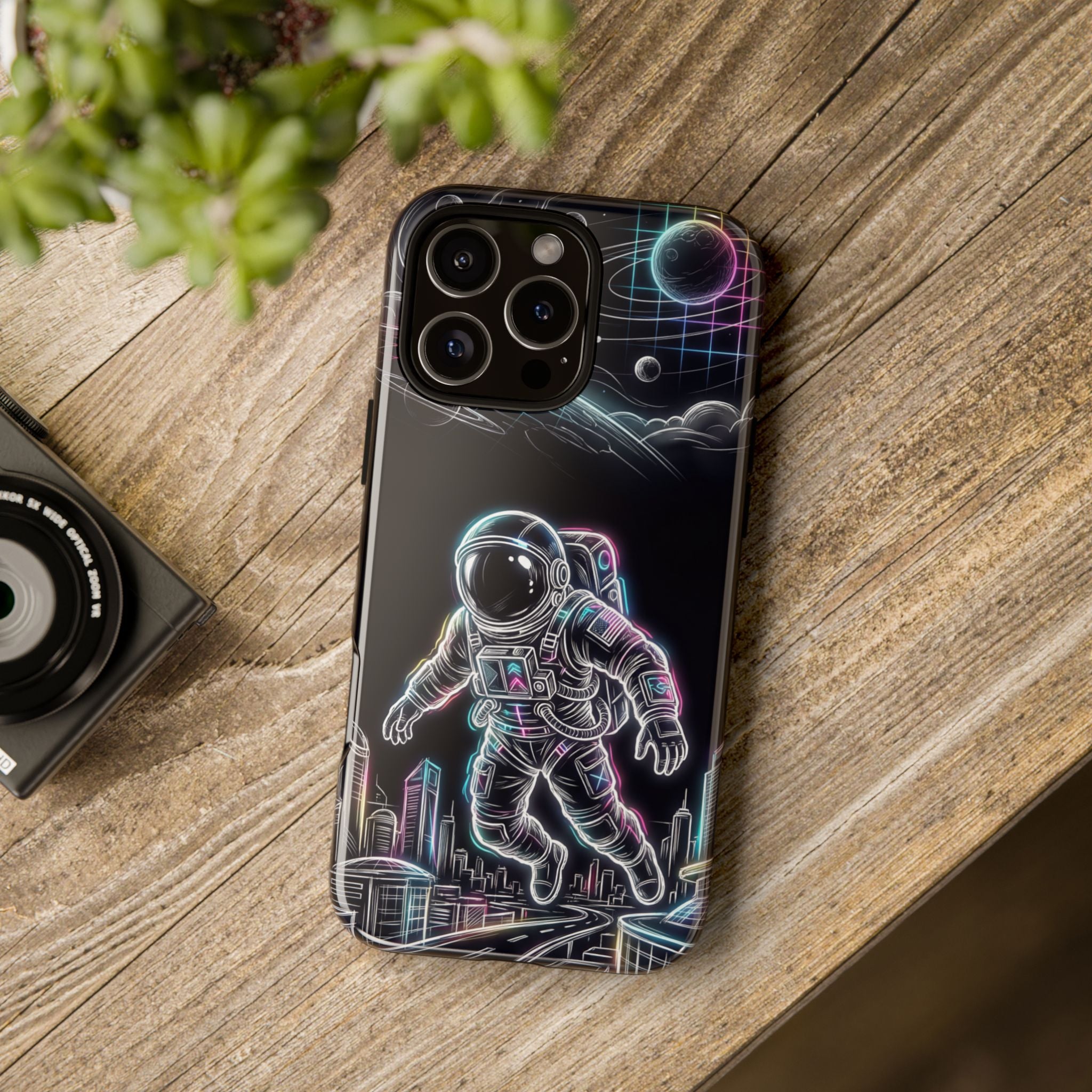 Custodia per iPhone a tema astronauta ed esploratore spaziale al neon