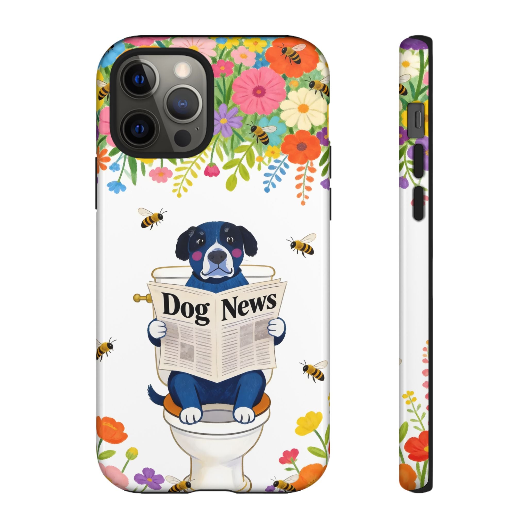 Dog News Floral iPhone Case | Cute Dog on Toilet Pattern, Spring Floral iPhone Cover