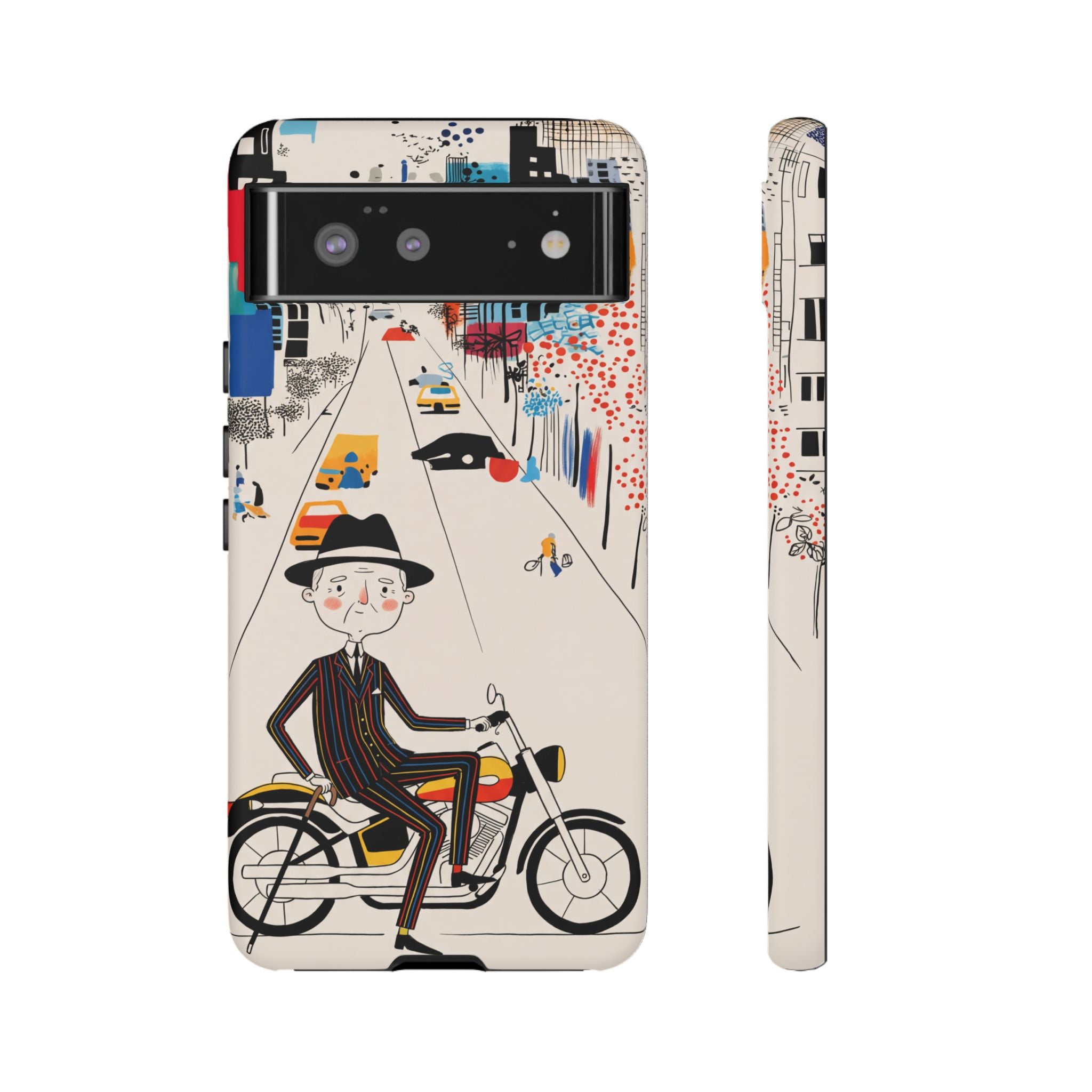 Vintage Grandpa Rider Motorcycle Google Pixel Phone Case | Illustrated Cityscape