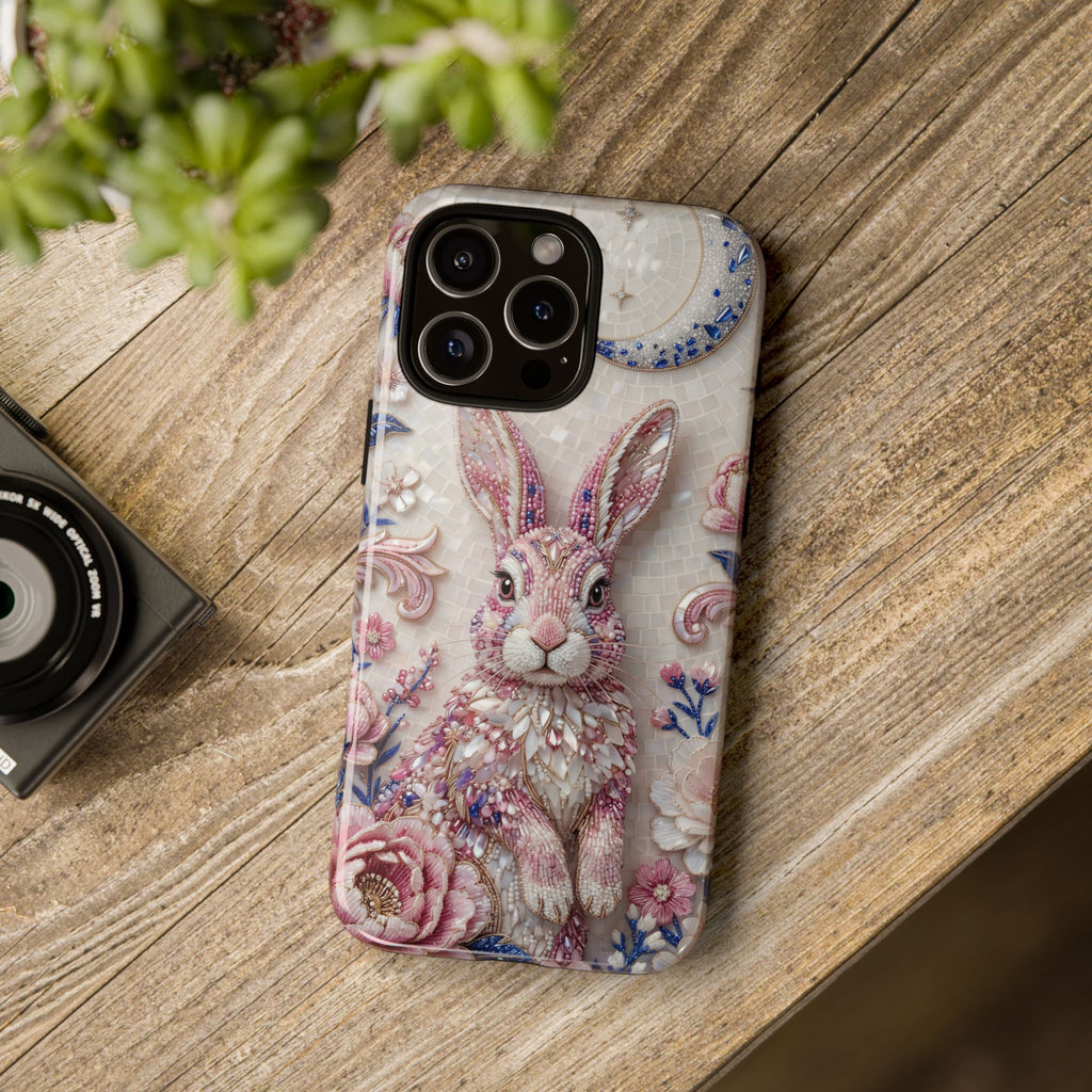 Floral Moon Rabbit Tough iPhone Case | Pink Boho Bunny Protective Cover