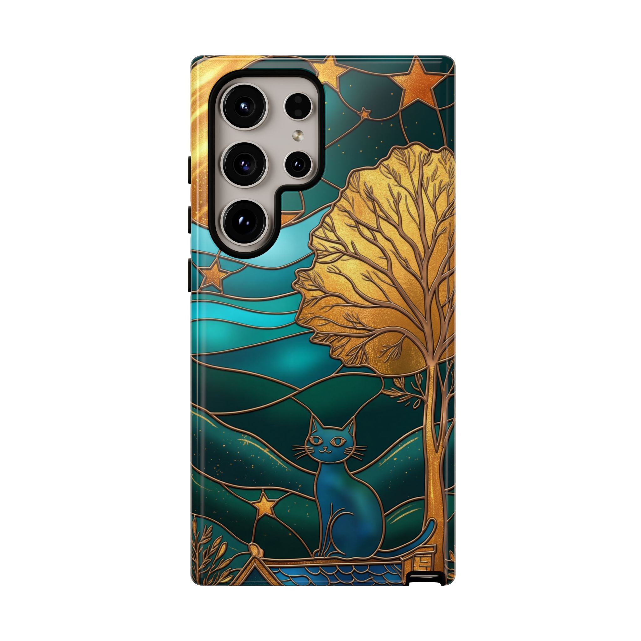 Stained Glass Cat Tough Samsung Galaxy Case | Gold Tree & Starry Night Design