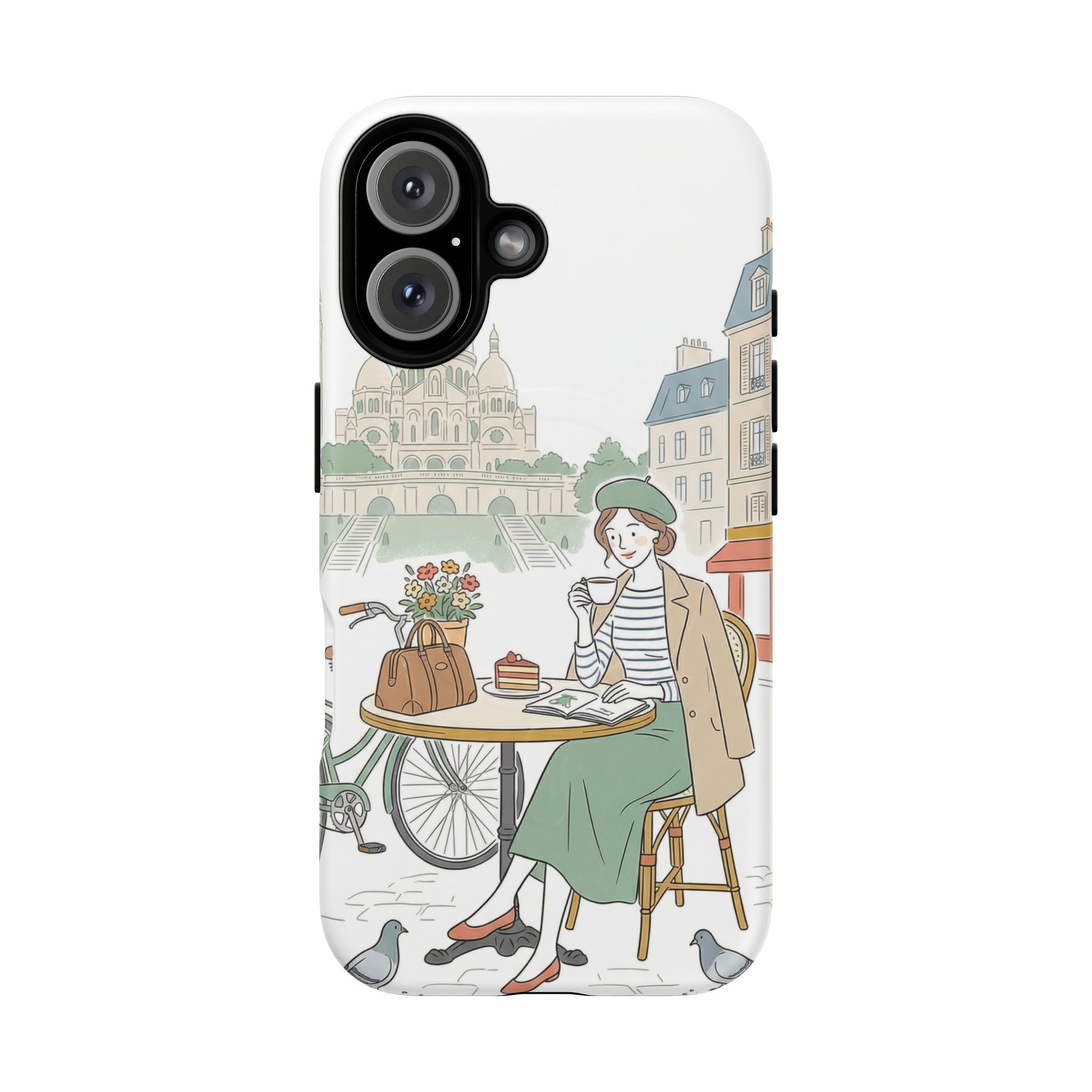 Paris Cafe Illustration MagSafe iPhone Case | Vintage Bicycles & Pigeons Protective Cover