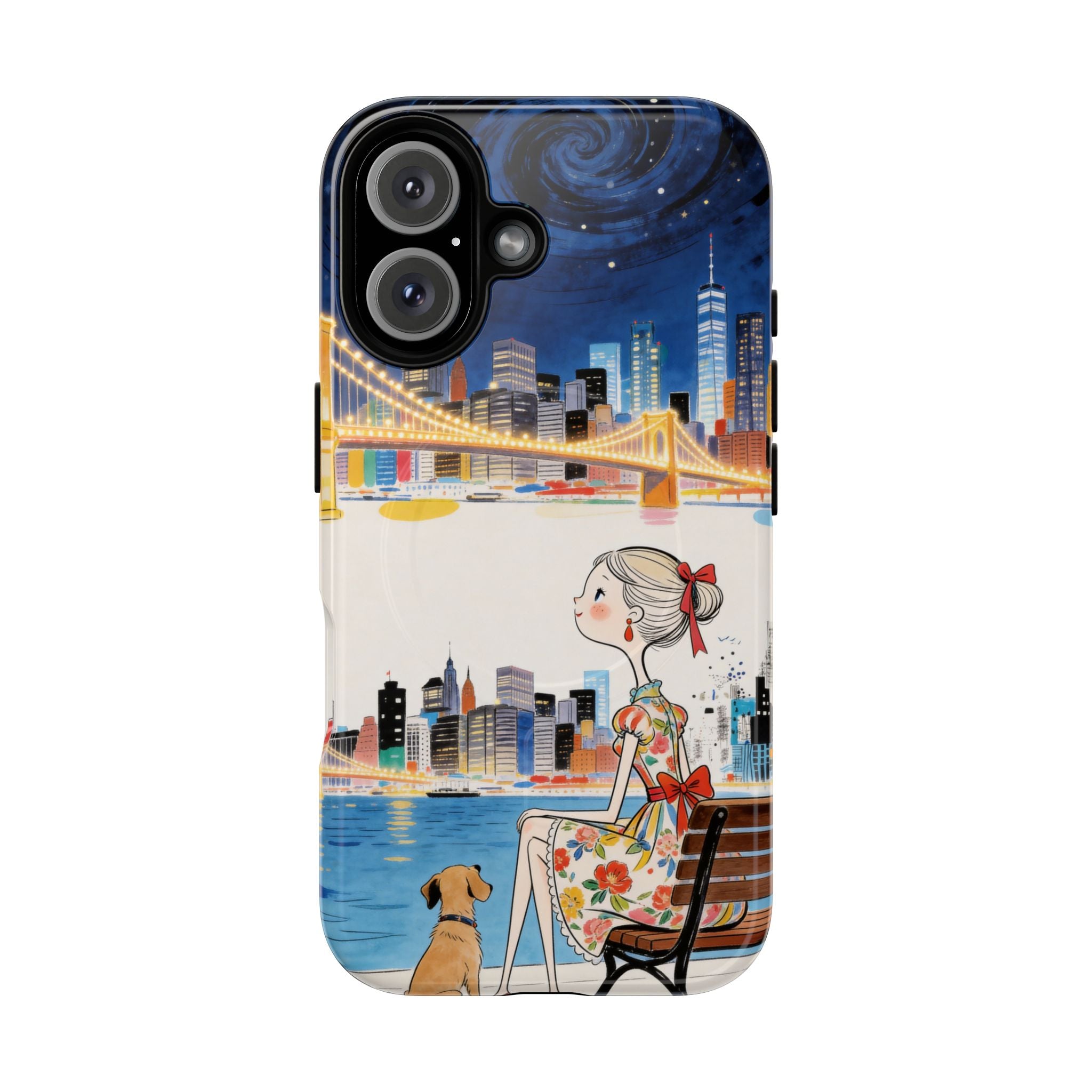 City Night MagSafe iPhone Case | Cute Girl & Dog Bench Illustration