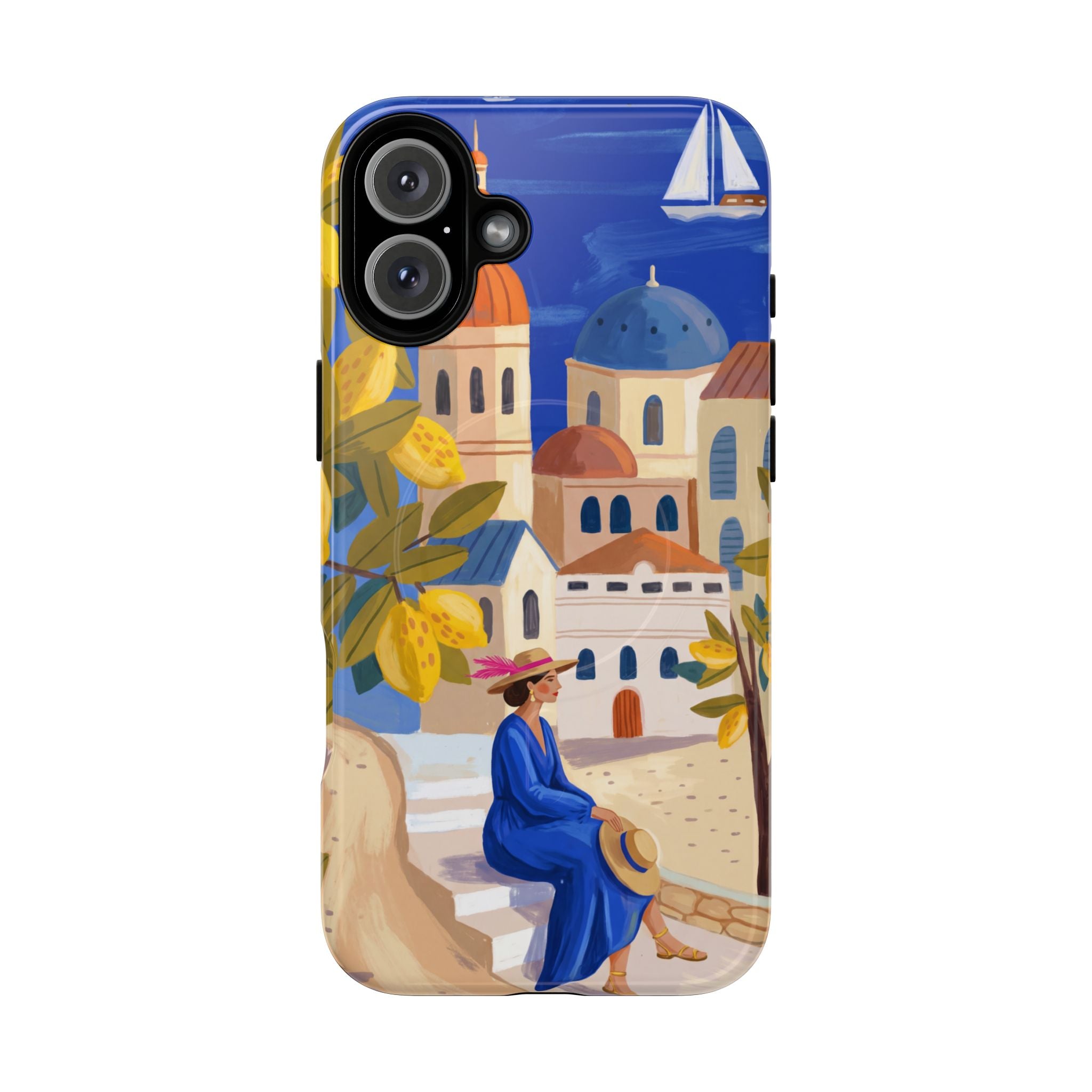 Mediterranean Village MagSafe iPhone Case | Scenic Sailboat & Lemon Grove Design