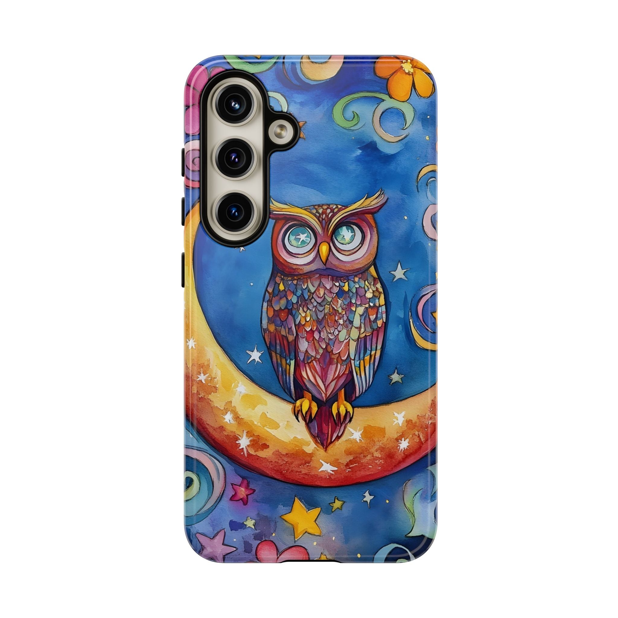 Owl on Crescent Moon Samsung Galaxy Case — Colourful Whimsical Night Sky Design