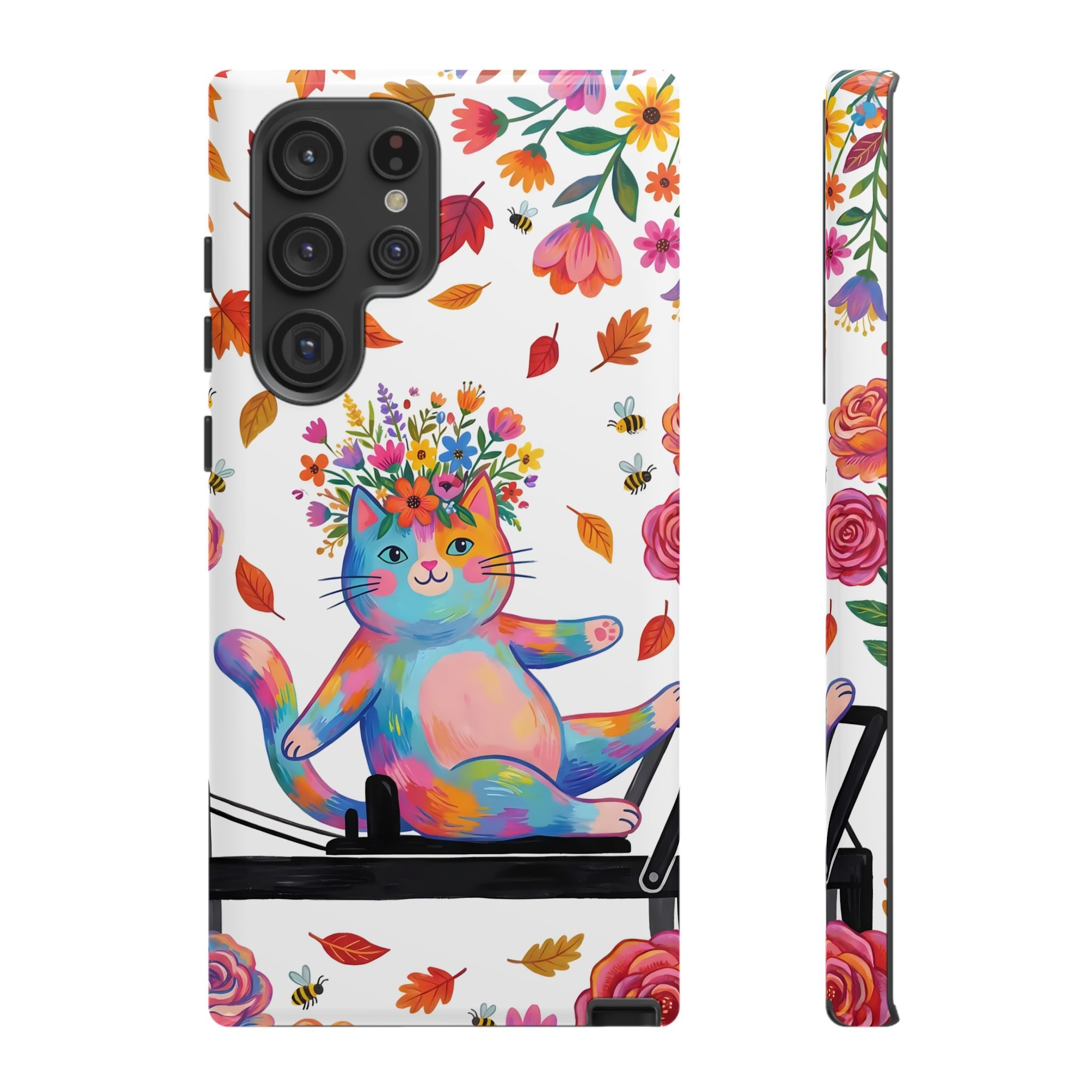 Colorful Floral Cat on Pilates Reformer Protective Samsung Galaxy Phone Case