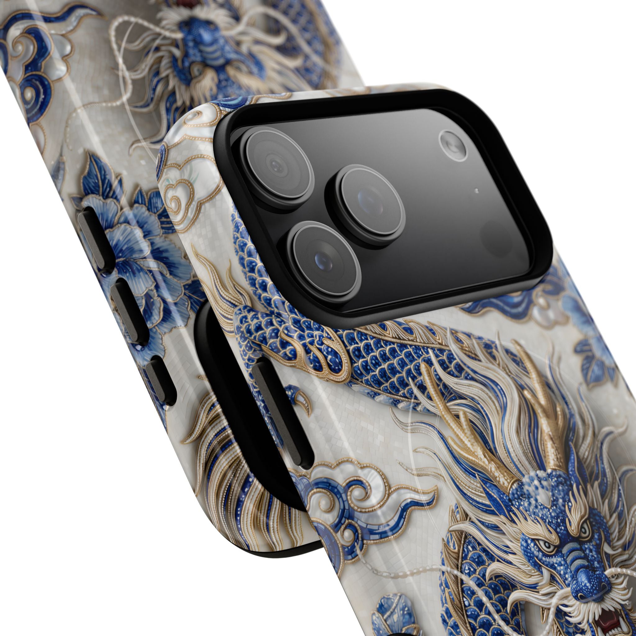 Custodia MagSafe per iPhone Drago Zodiaco Asiatico | Lussuosa Custodia Protettiva in Porcellana Blu e Bianca | Regalo Anno del Drago