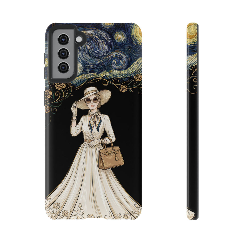 Vintage Starry Night Fashion Samsung Galaxy Phone Case | Elegant Lady in White Dress