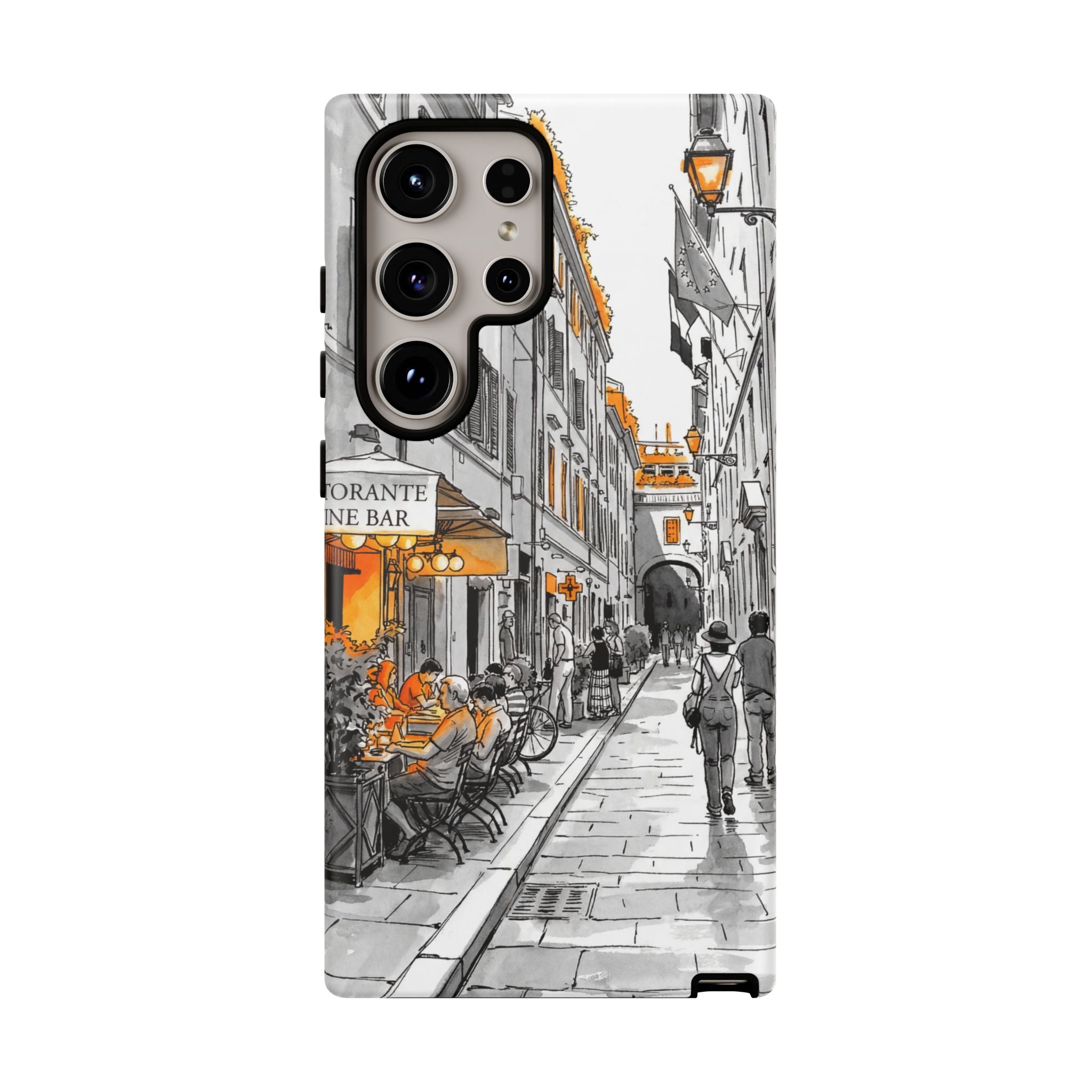 Italy Street Samsung Galaxy Case | Black & White Cityscape with Orange Accents
