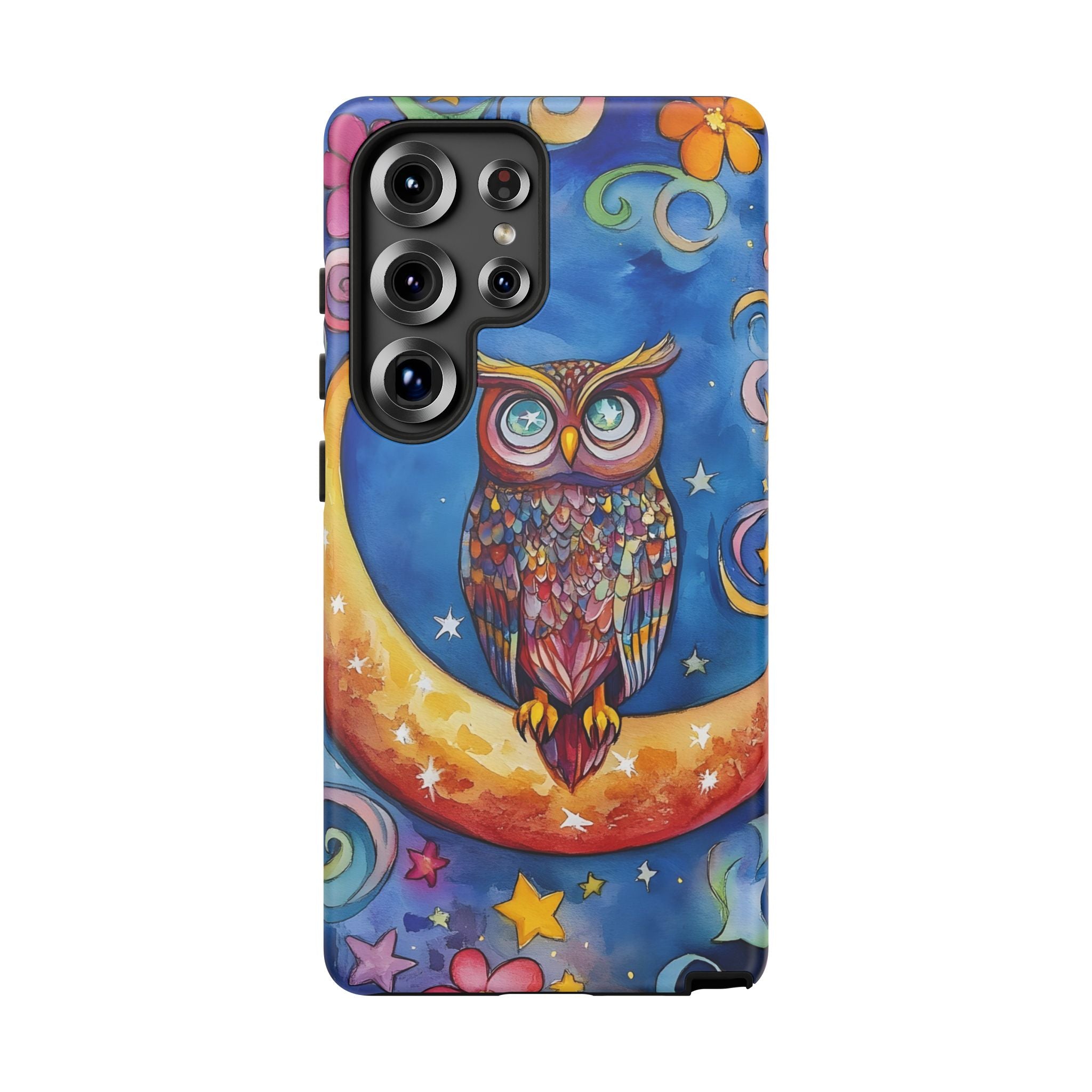 Owl on Crescent Moon Samsung Galaxy Case — Colourful Whimsical Night Sky Design