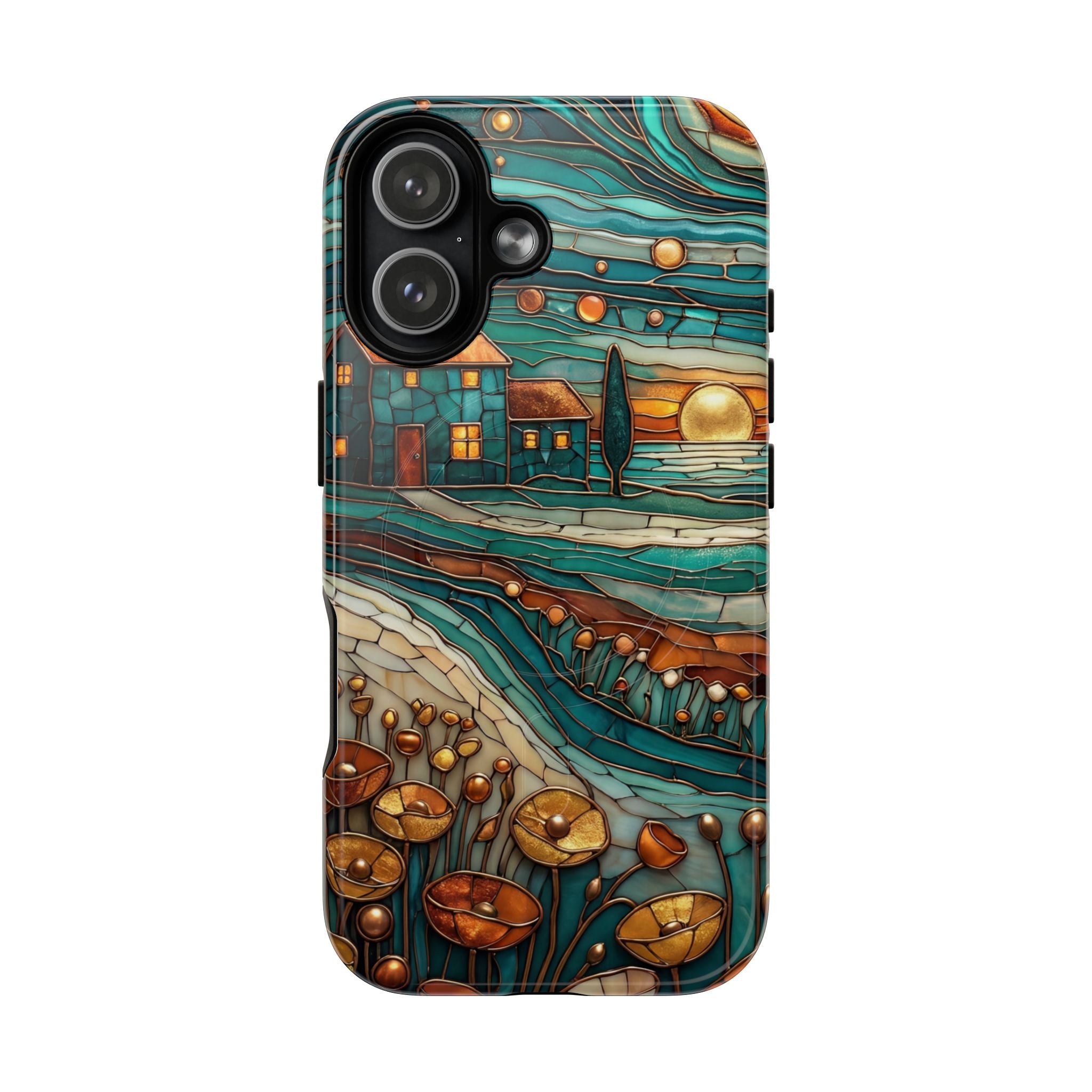 Custodia per telefono MagSafe resistente con paesaggio rustico al tramonto | Custodia protettiva artistica color verde acqua e rame